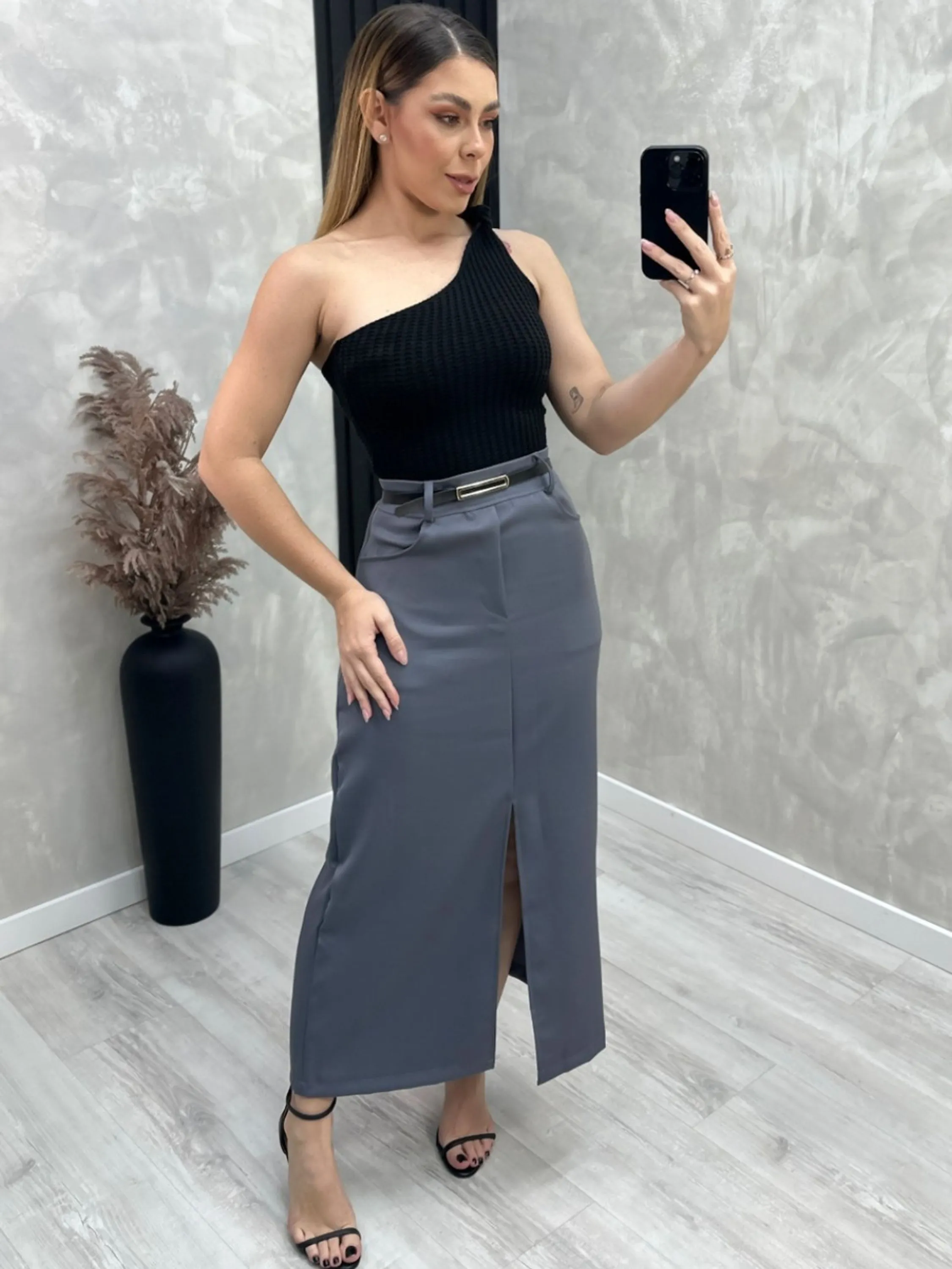 Saia Midi Com Fenda Elegante 073