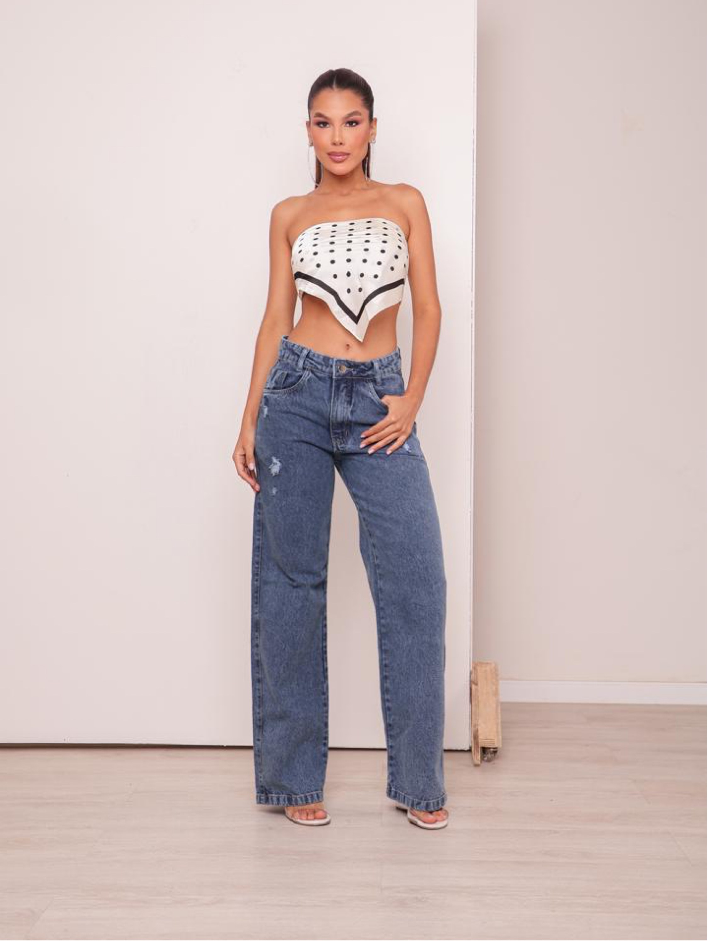 Calça wide leg jeans feminina