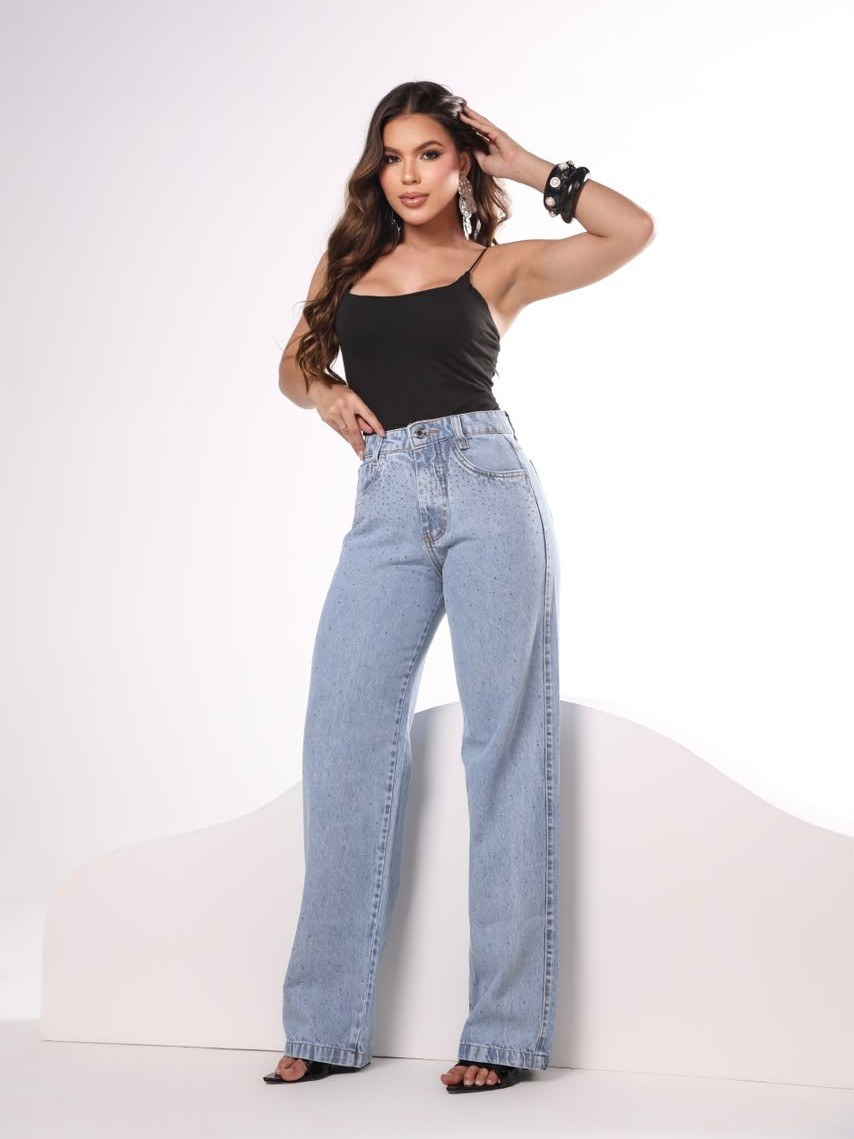 calça wide leg jeans feminina de strass