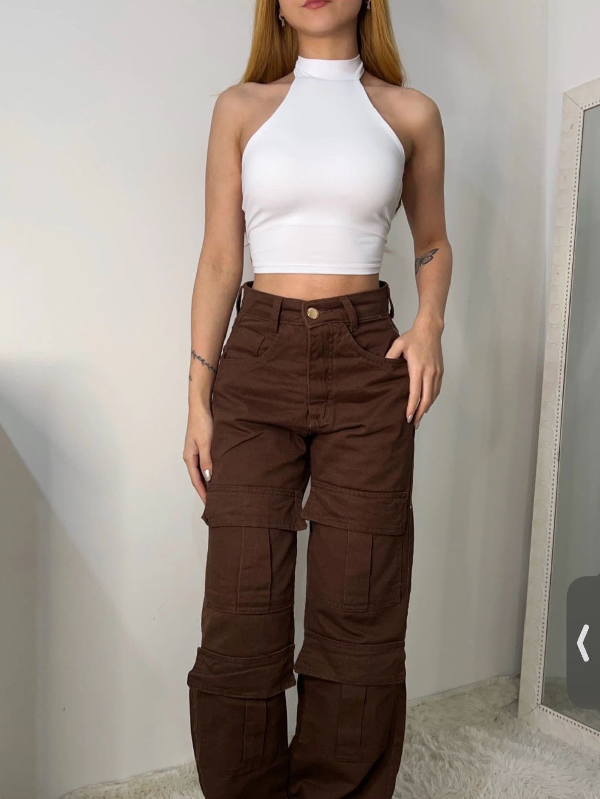 calça wide leg cargo jeans feminina