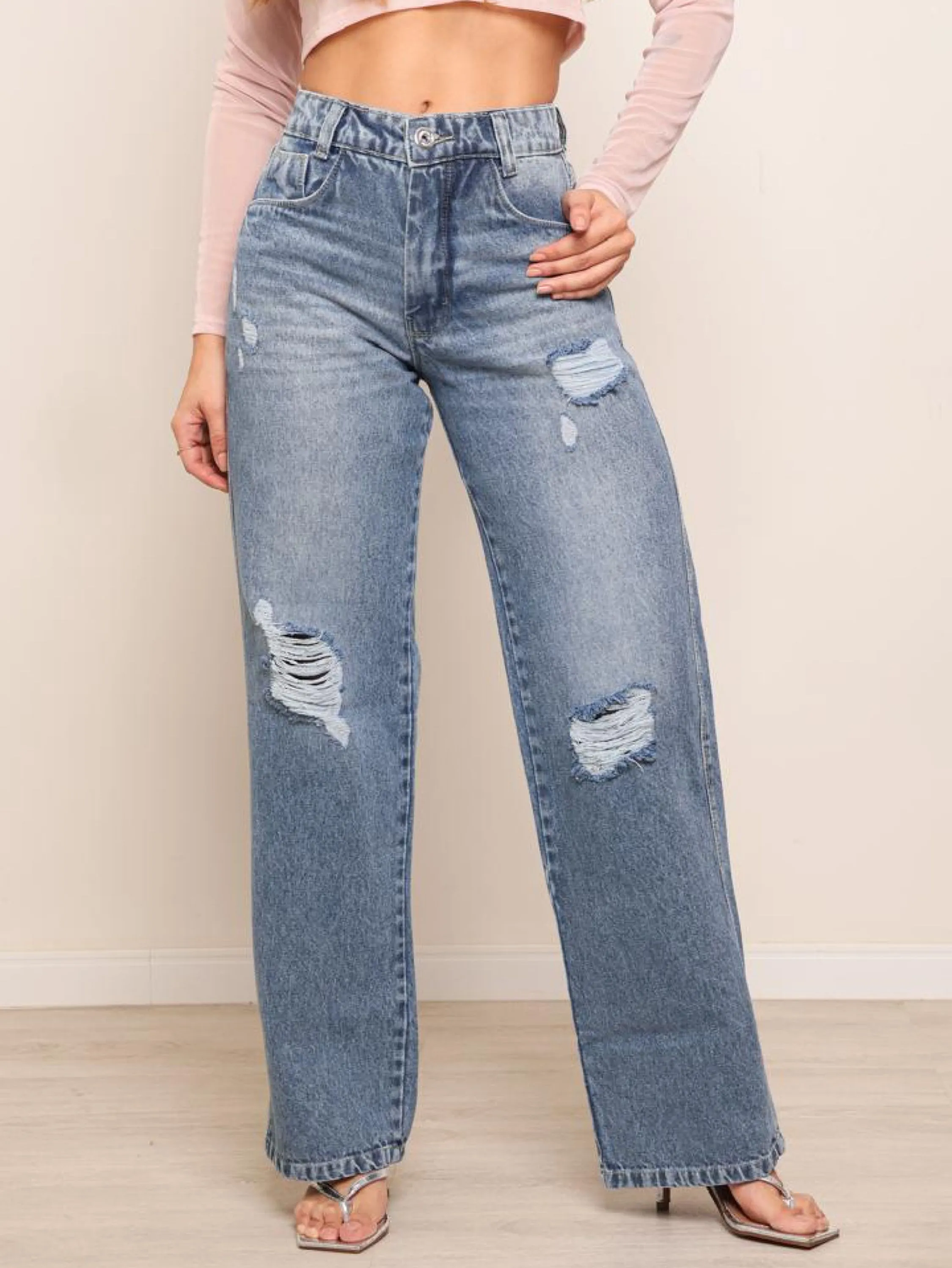 Calça wide leg jeans feminina