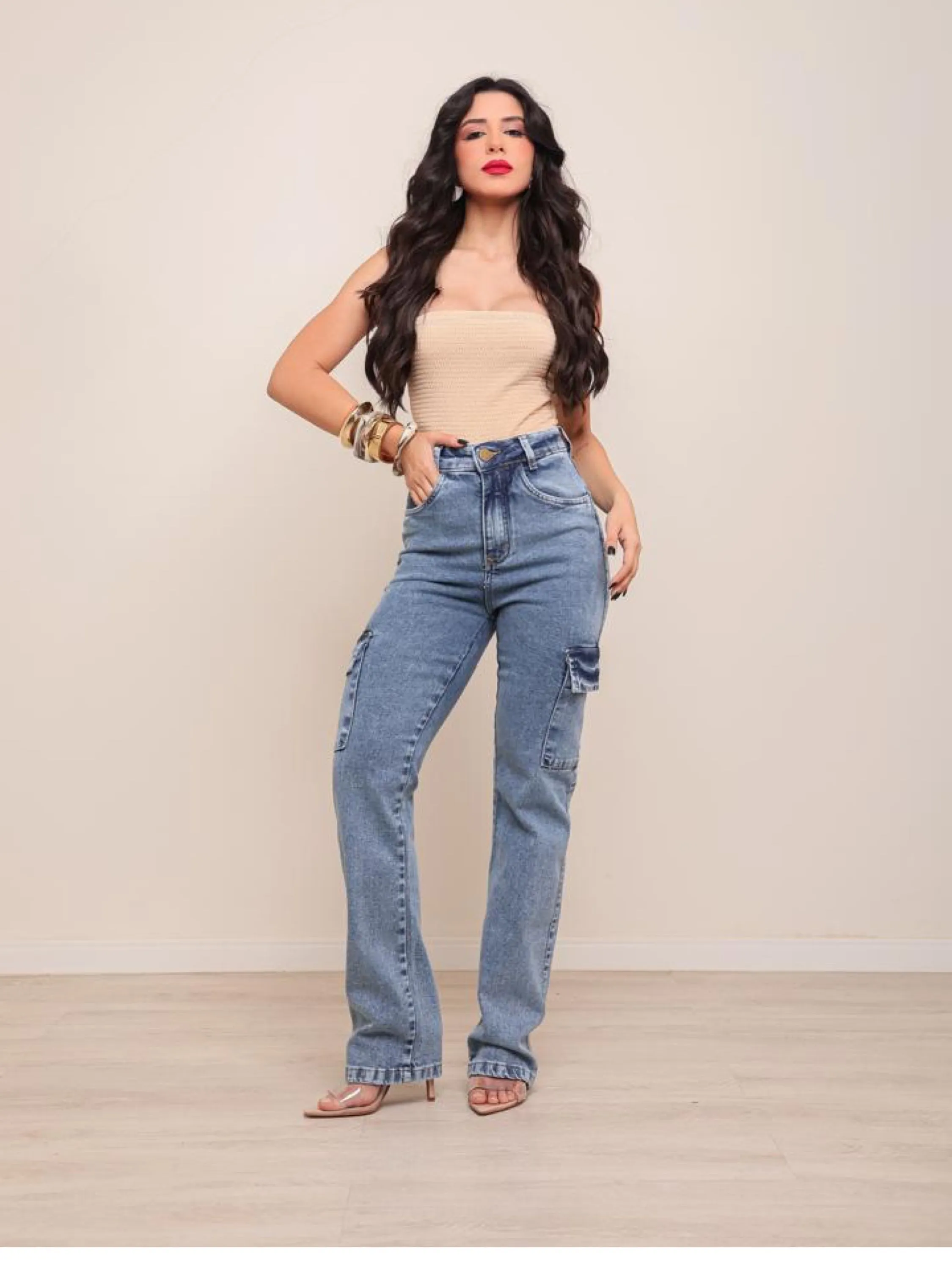 Calça wide leg cargo jeans feminina com Lycra