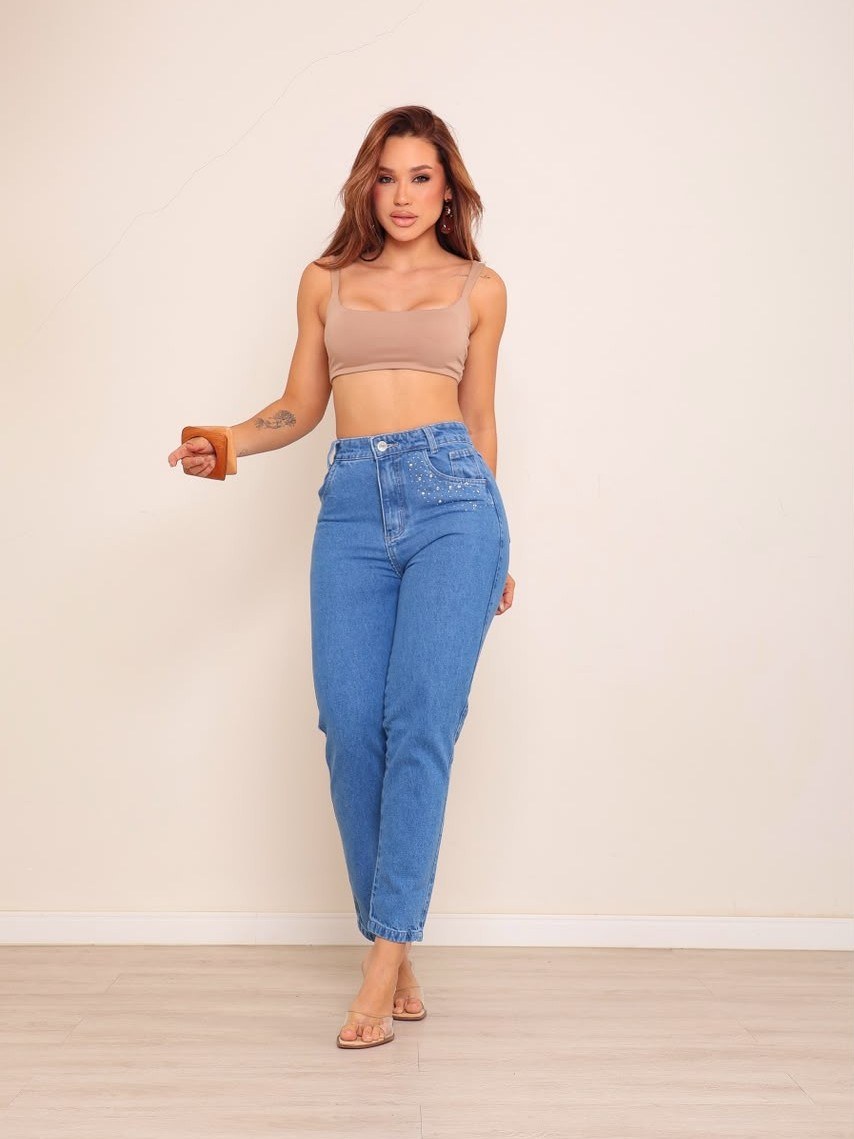 calça mom jeans feminina de strass