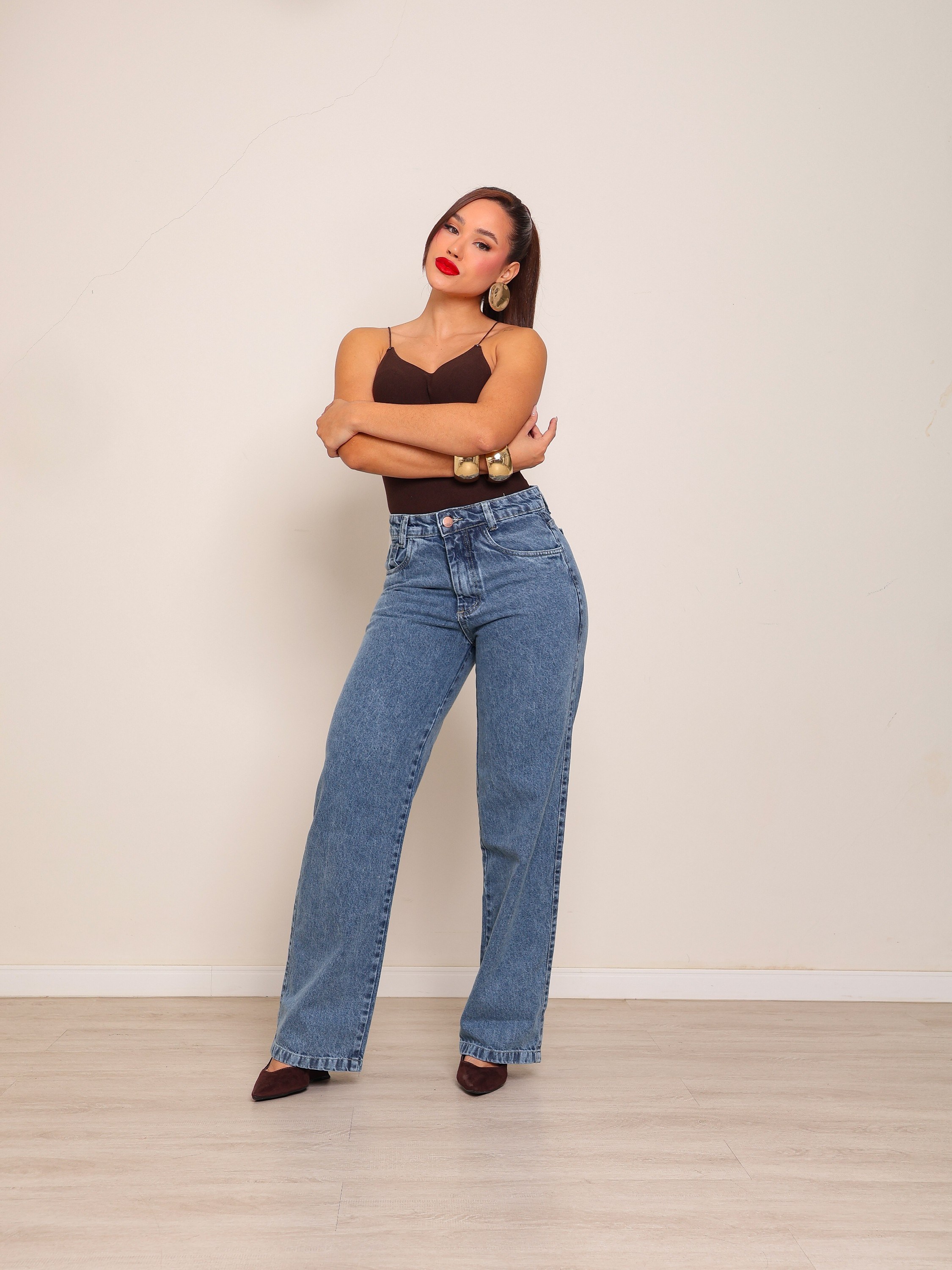 calça wide leg jeans feminina