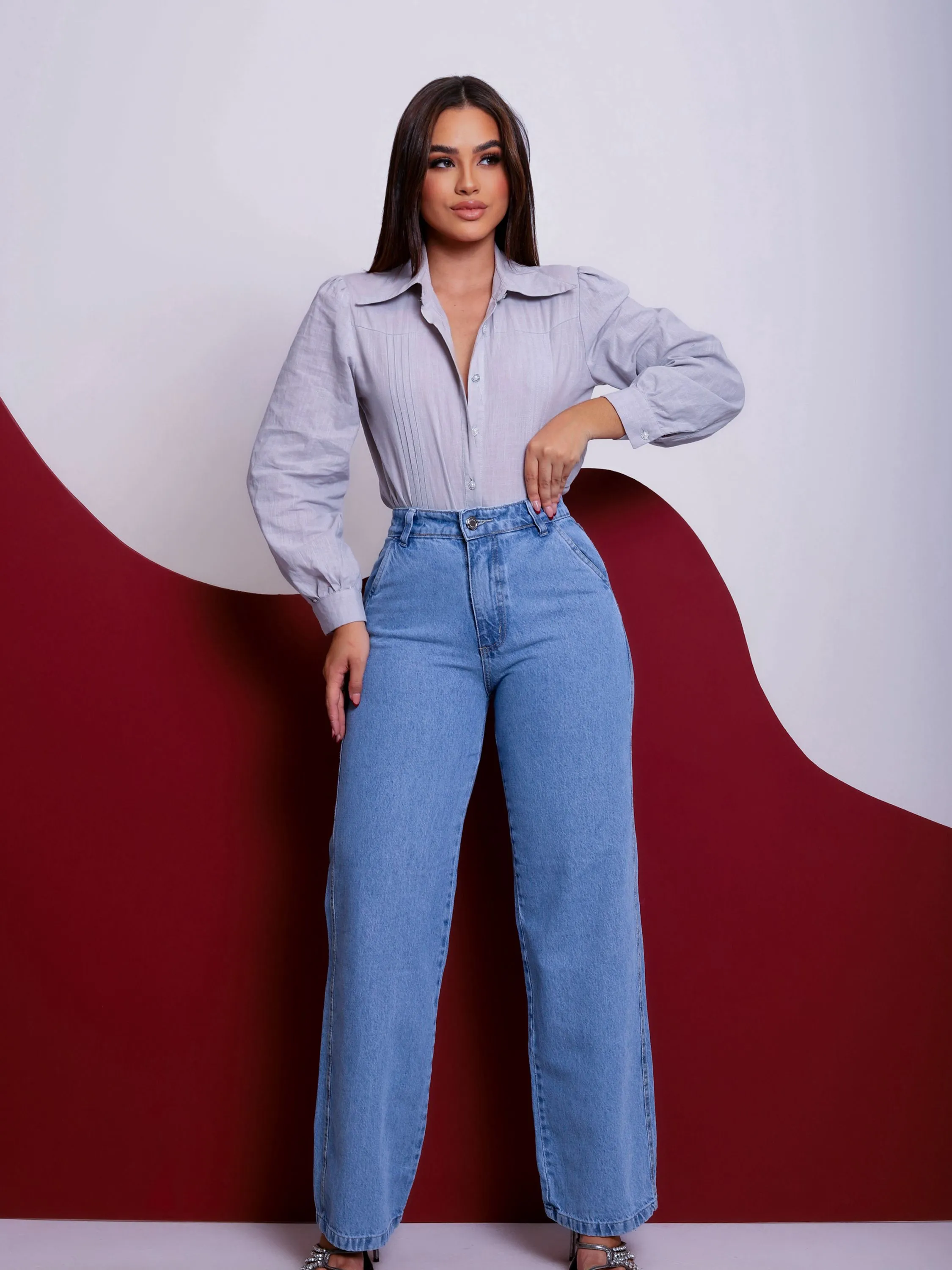 Calça wide leg jeans feminina