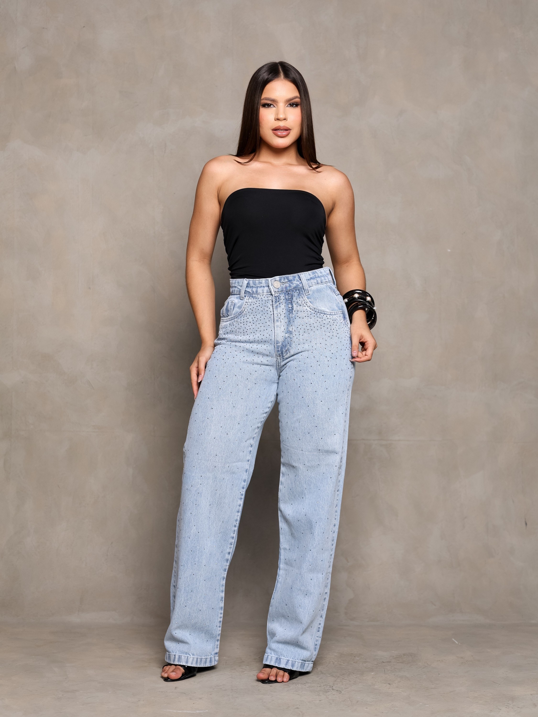 calça wide leg jeans feminina de strass