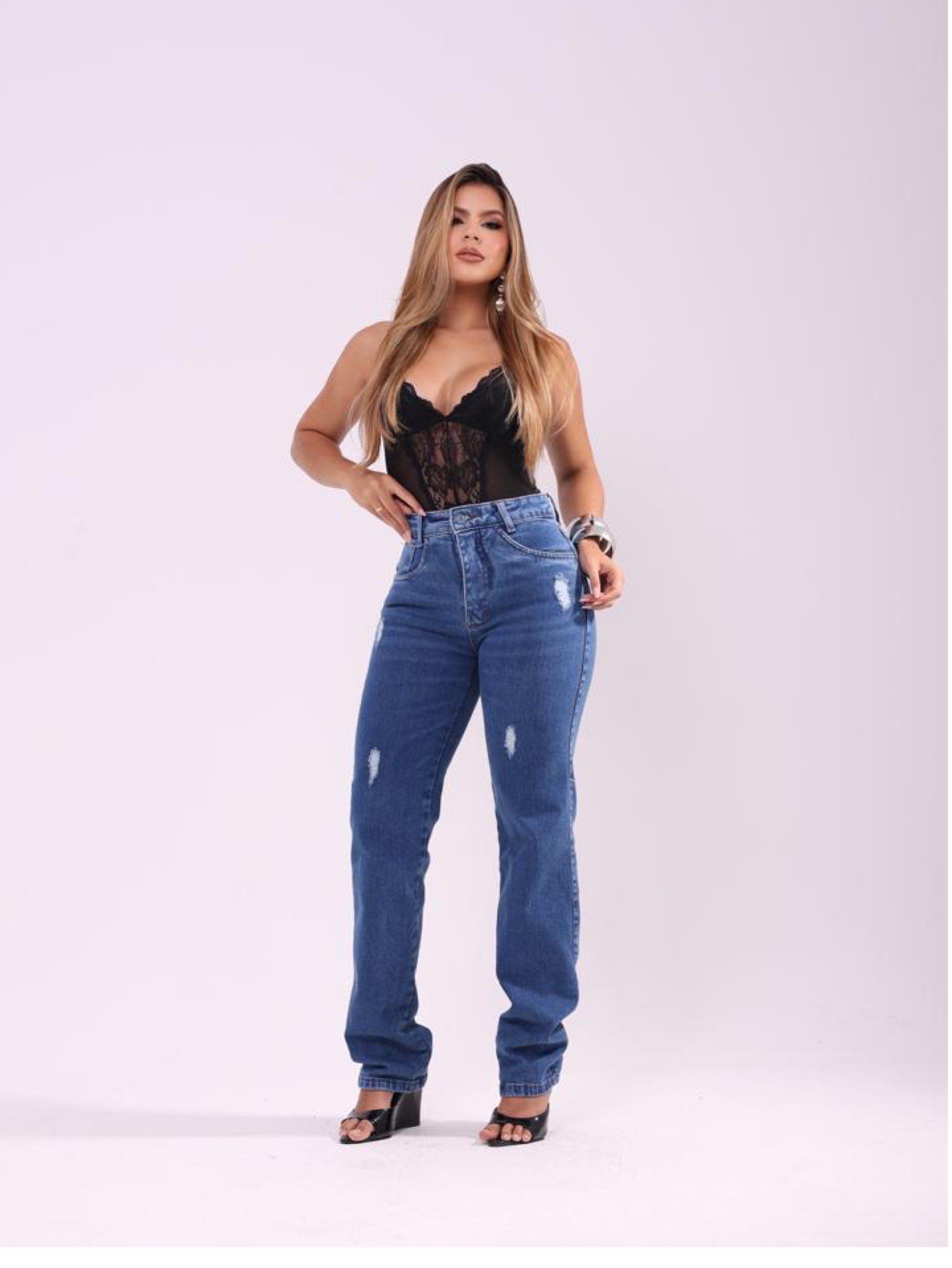 Calça wide leg jeans feminina com Lycra