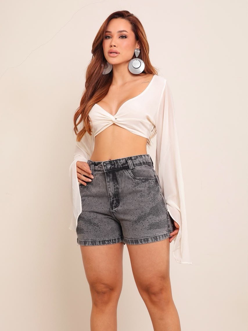 short Jeans feminino de strass