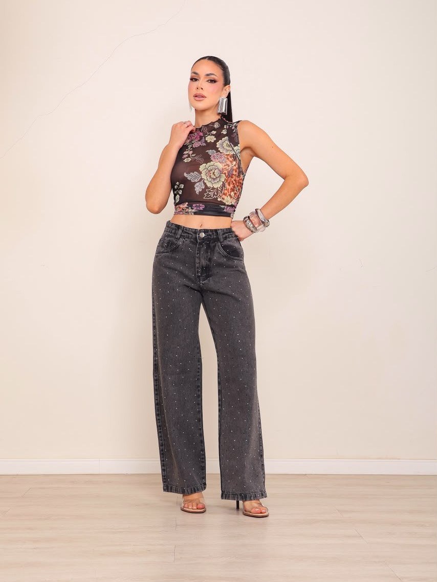 calça wide leg jeans feminina de strass