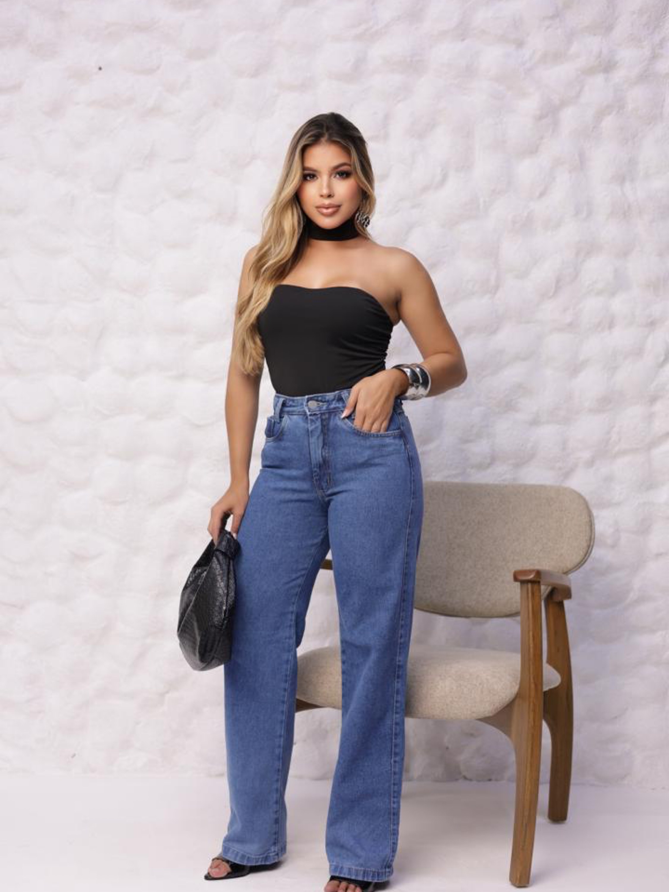 Calça wide leg jeans feminina