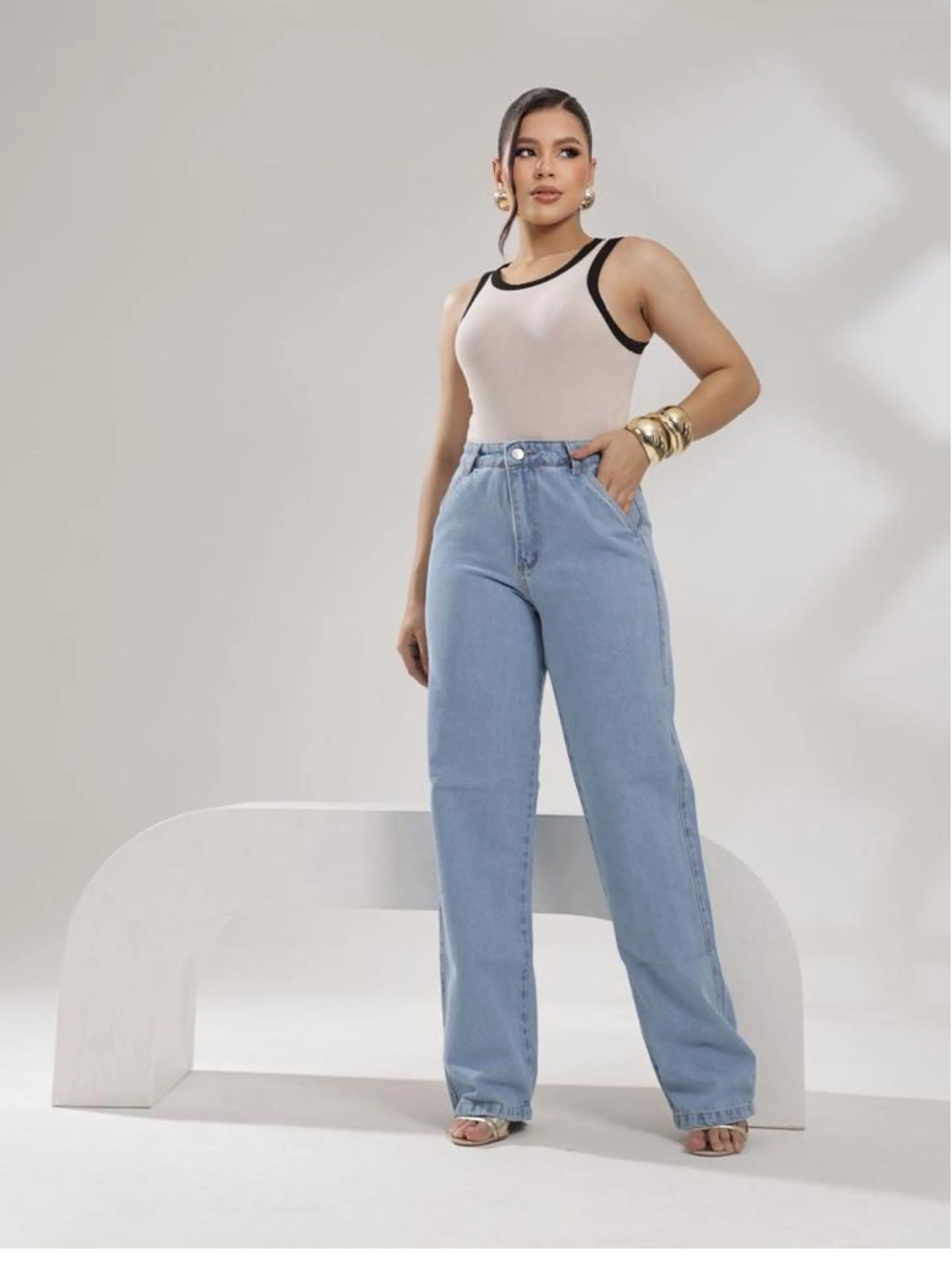Calça wide leg jeans feminina