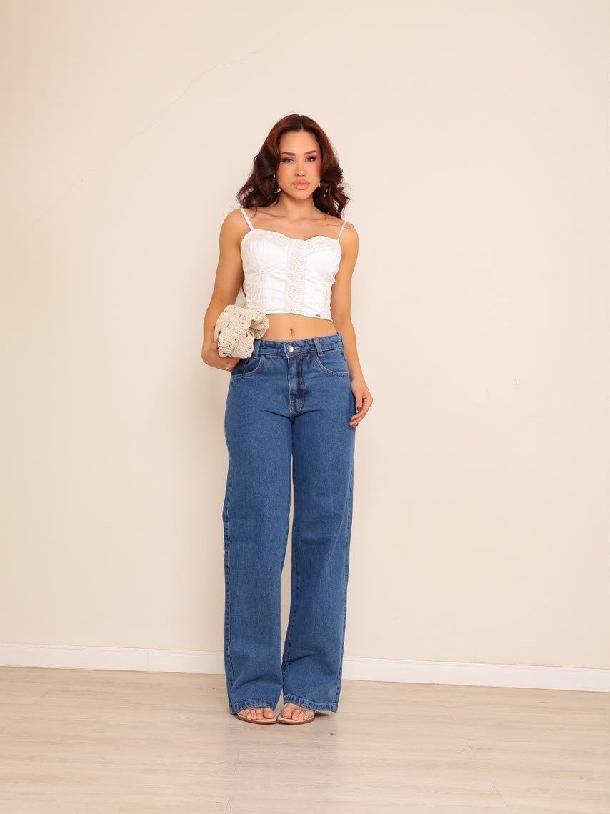 calça wide leg jeans feminina