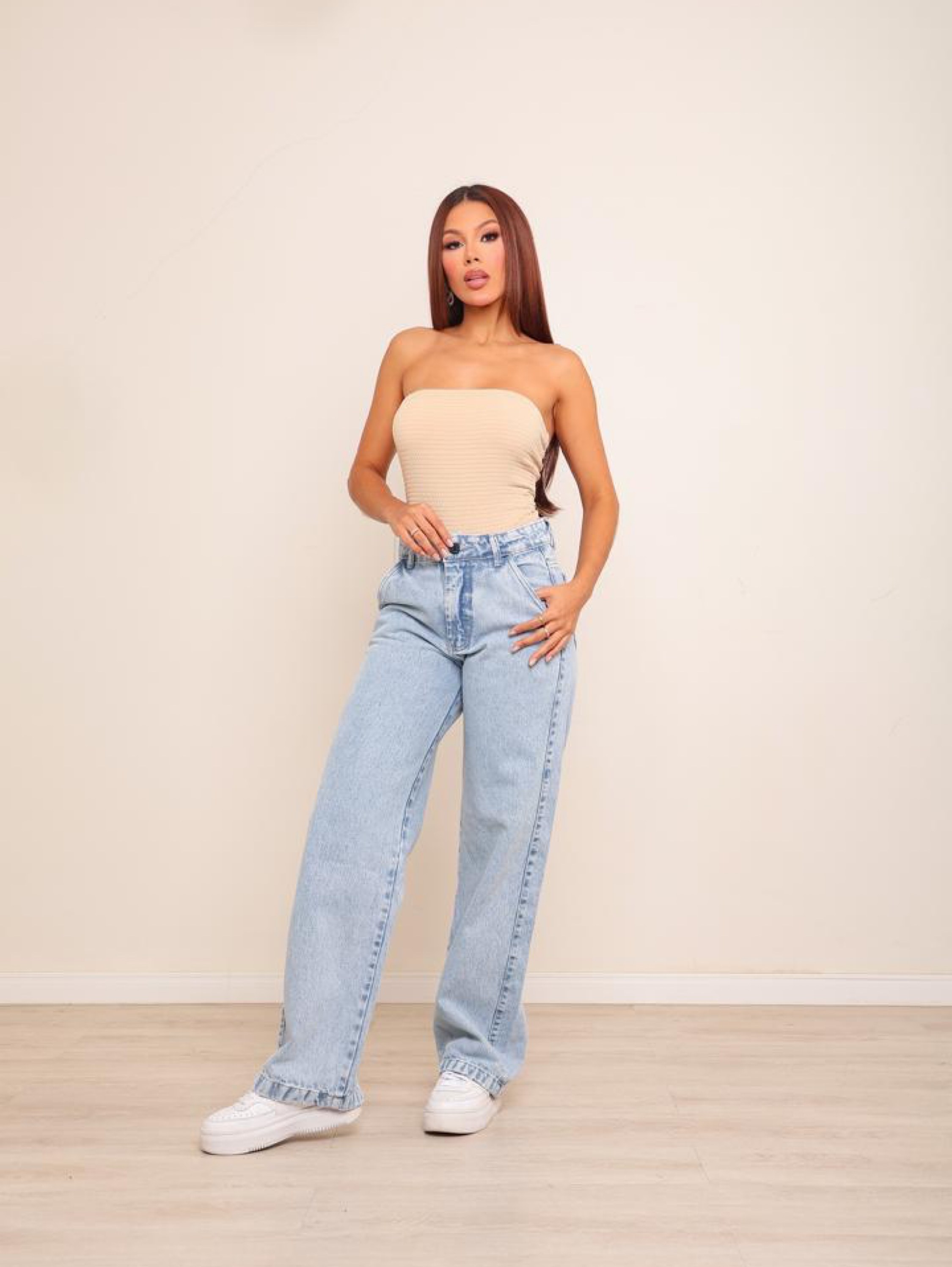 Calça wide leg jeans feminina