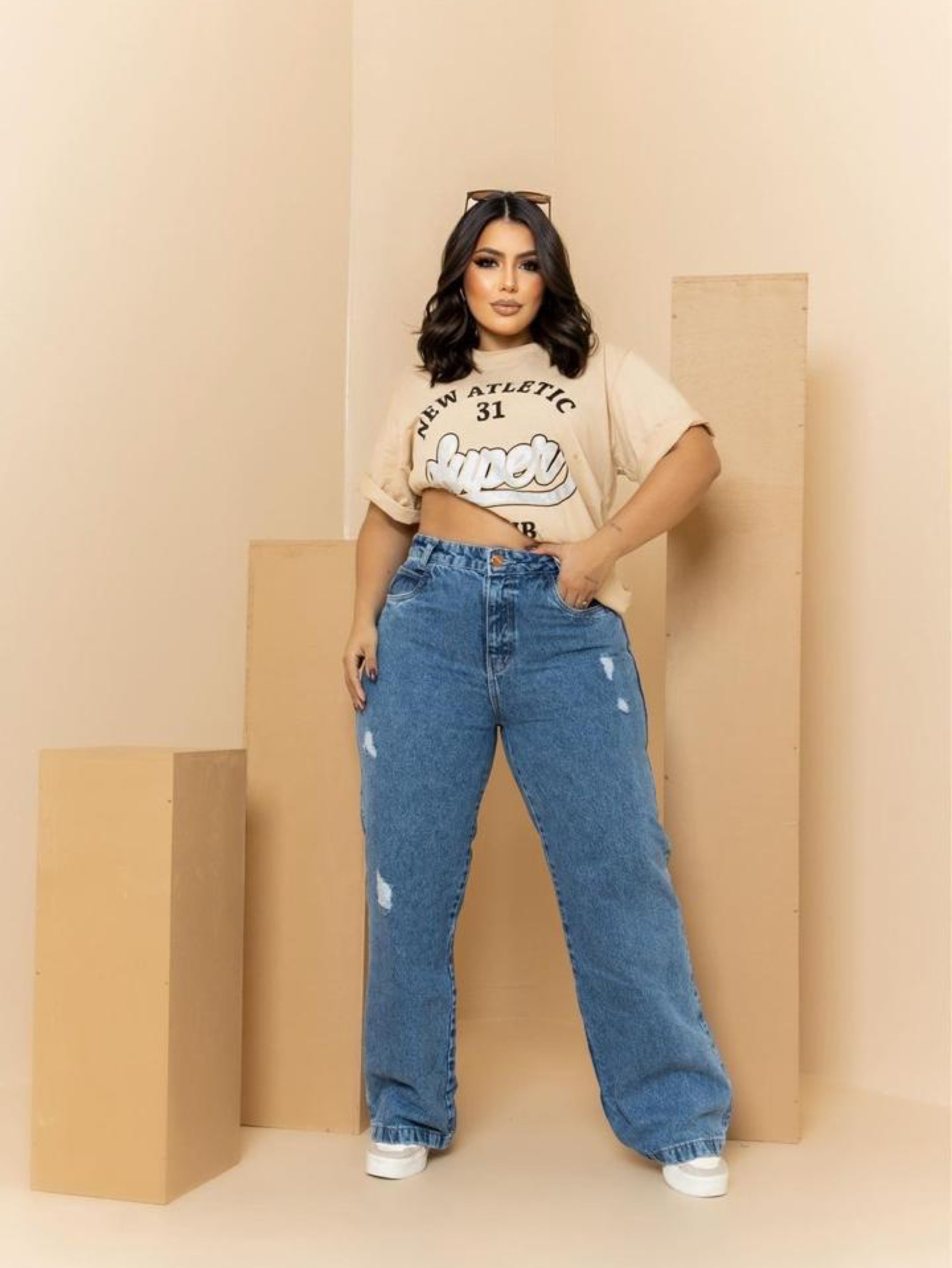 Calça wide leg jeans feminina plus size