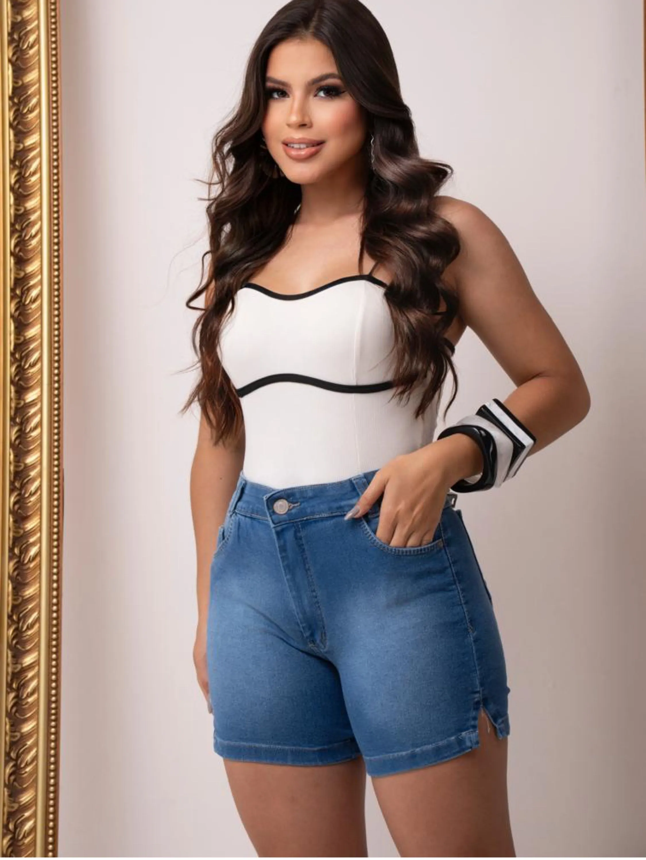 Meia coxa jeans feminina