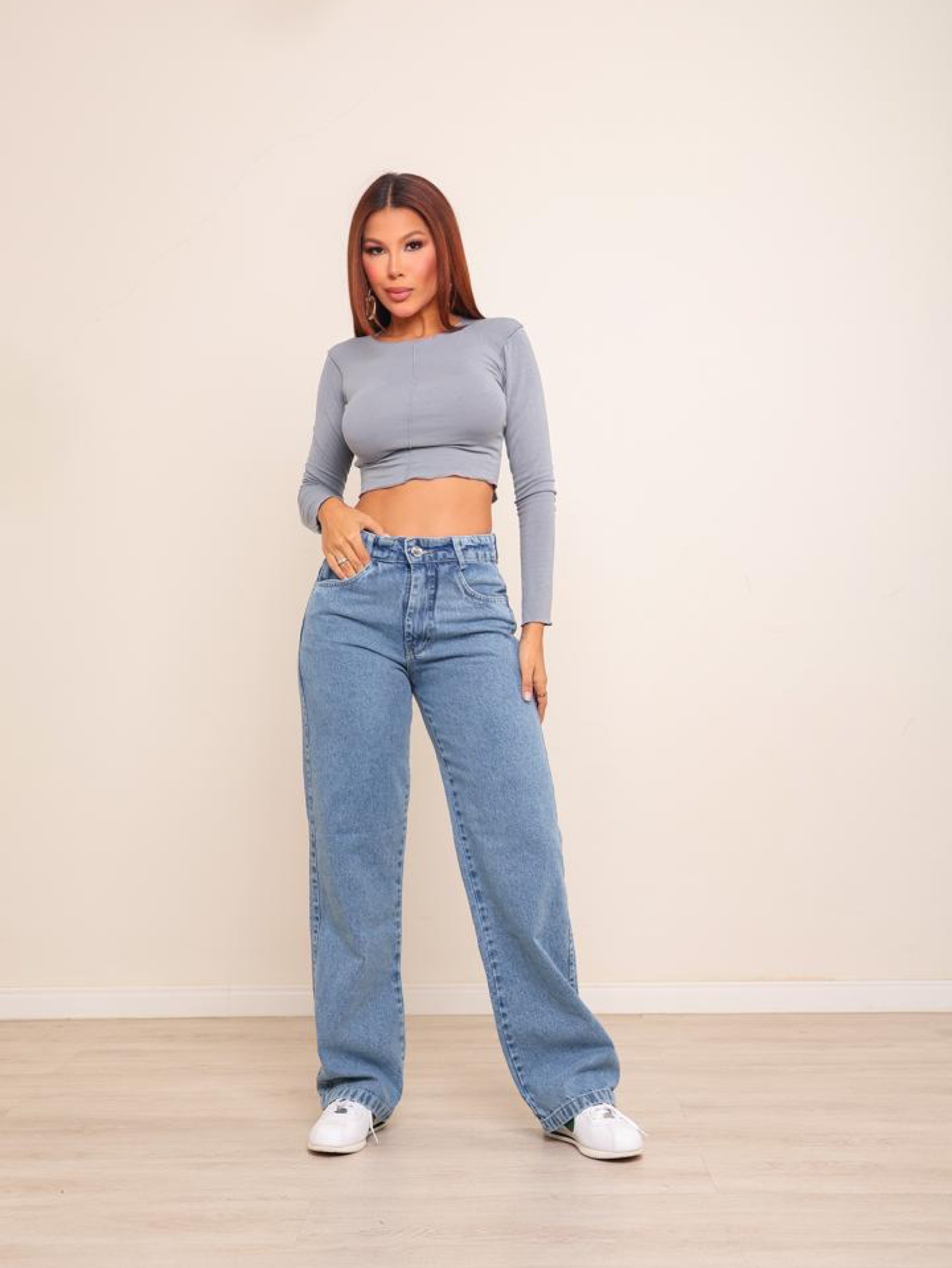 Calça wide leg jeans feminina