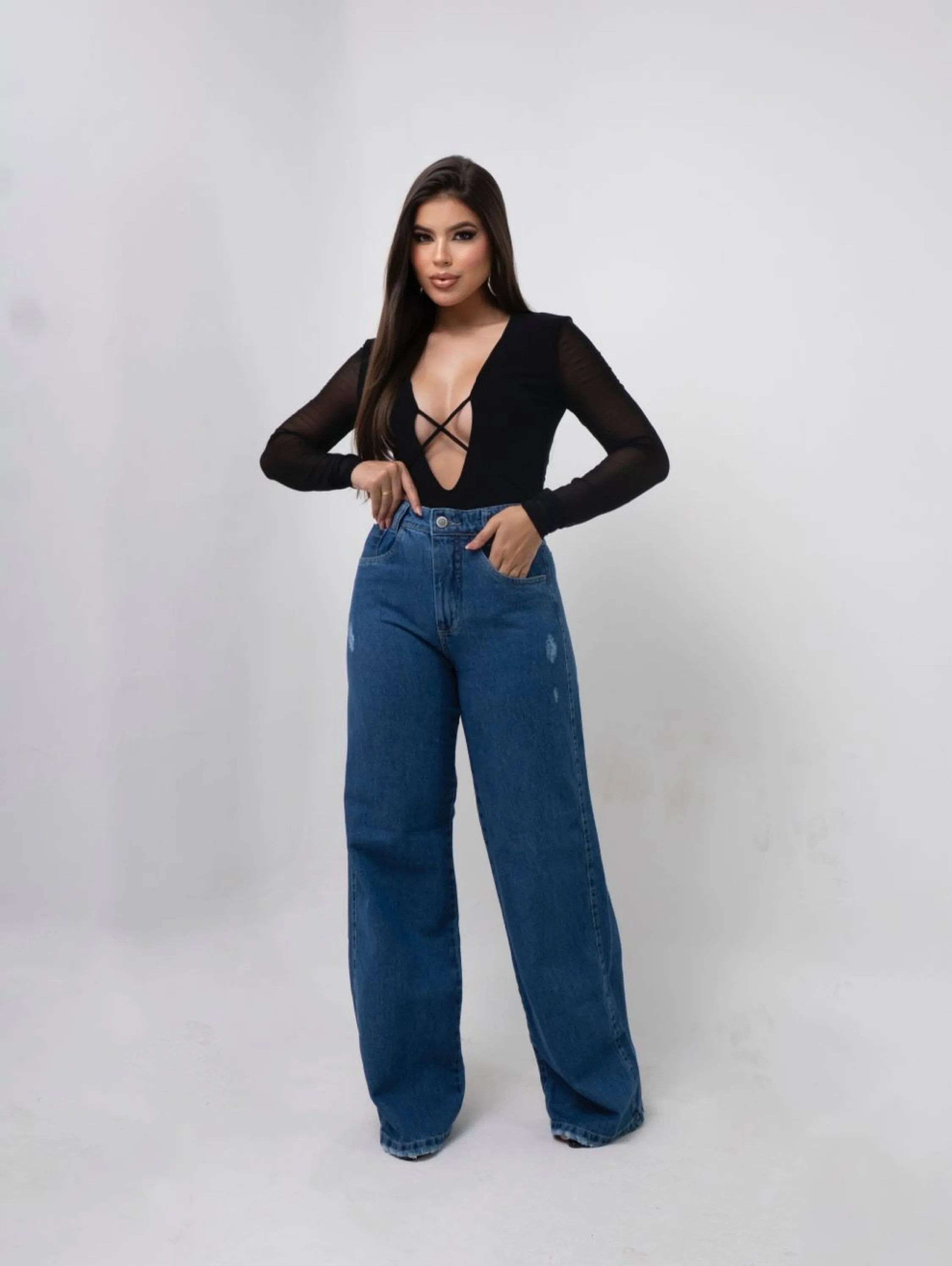 Calça wide leg jeans feminian