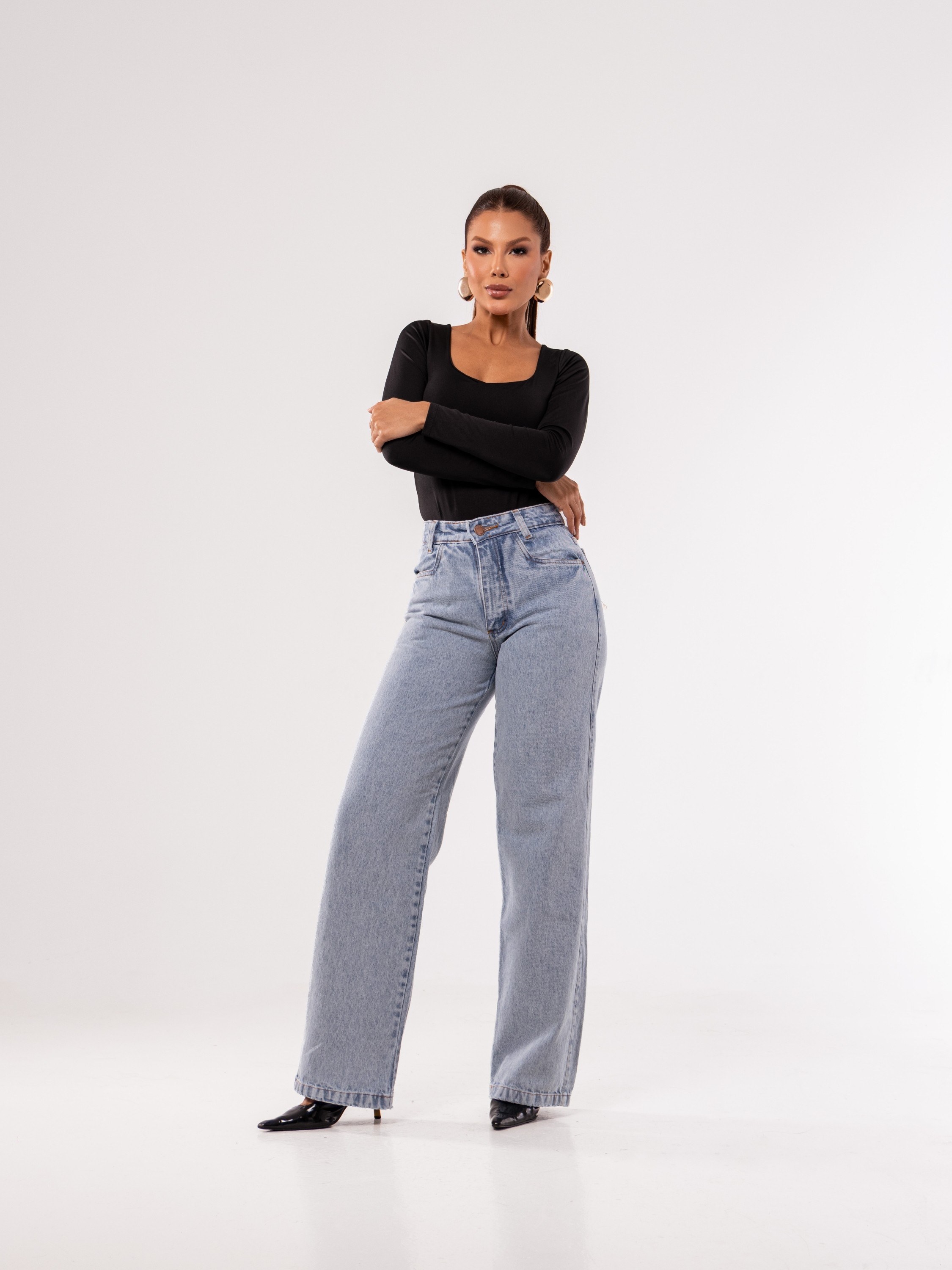 calça wide leg jeans feminina