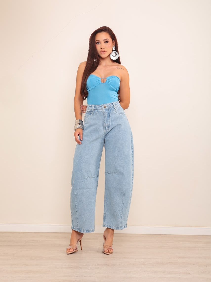 calça wide leg balão jeans feminina