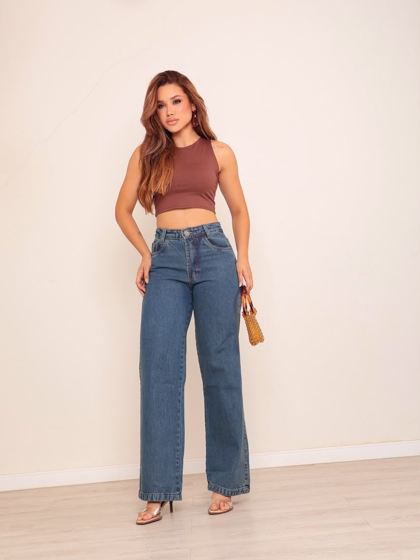 calça wide leg jeans feminina