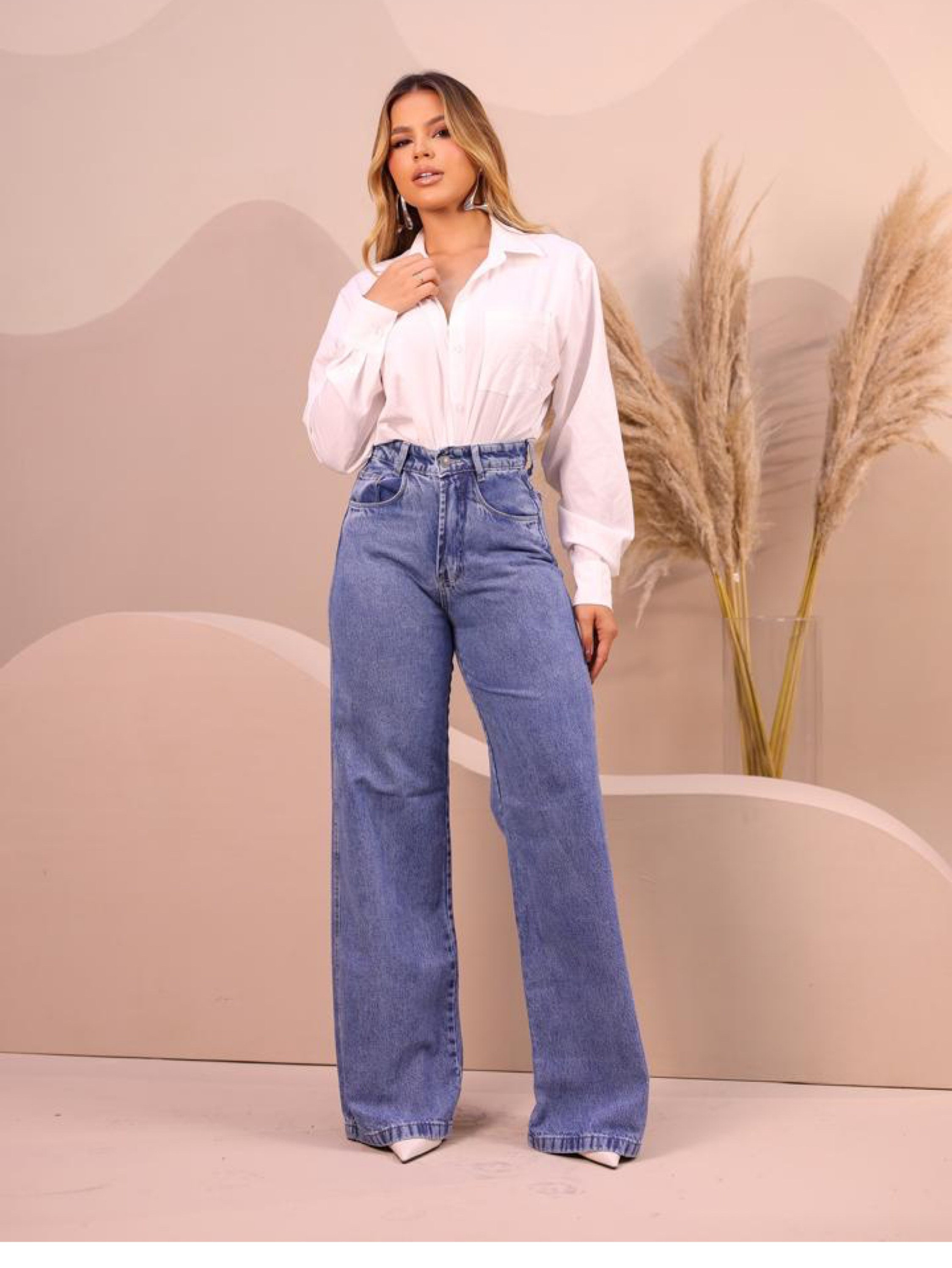 Calça wide leg jeans feminina