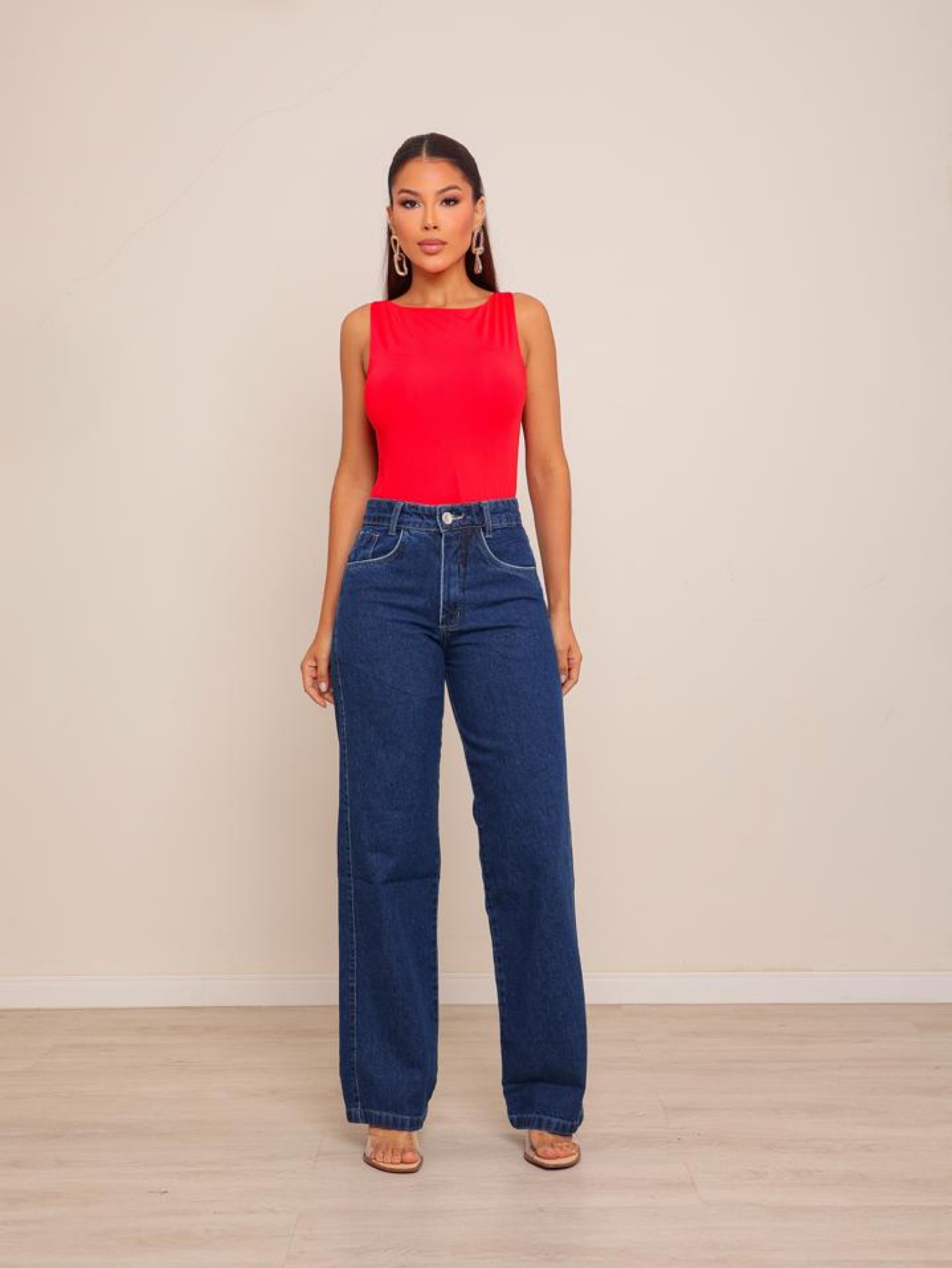 Calça wide leg jeans feminina