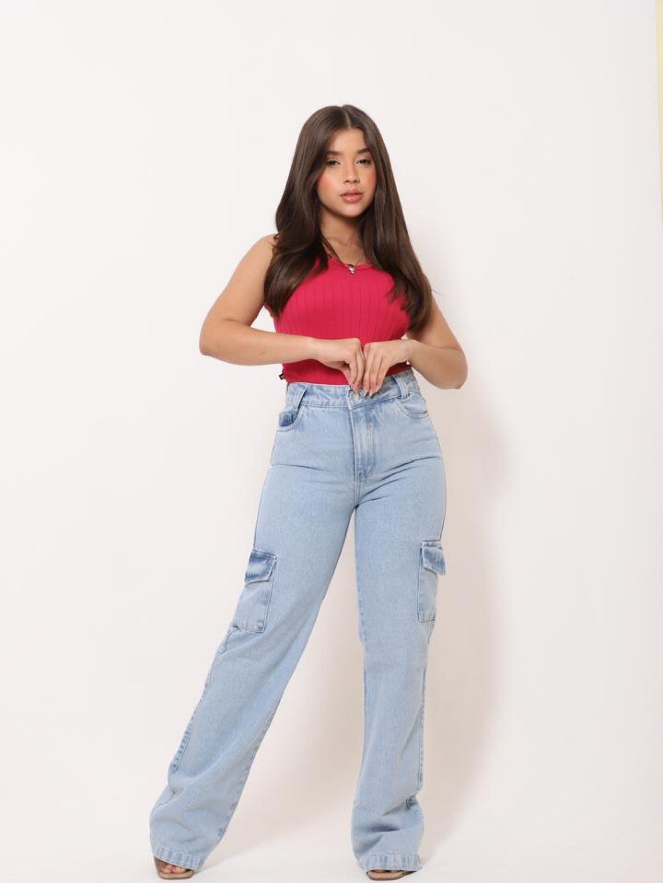 Calça wide leg cargo jeans infantil