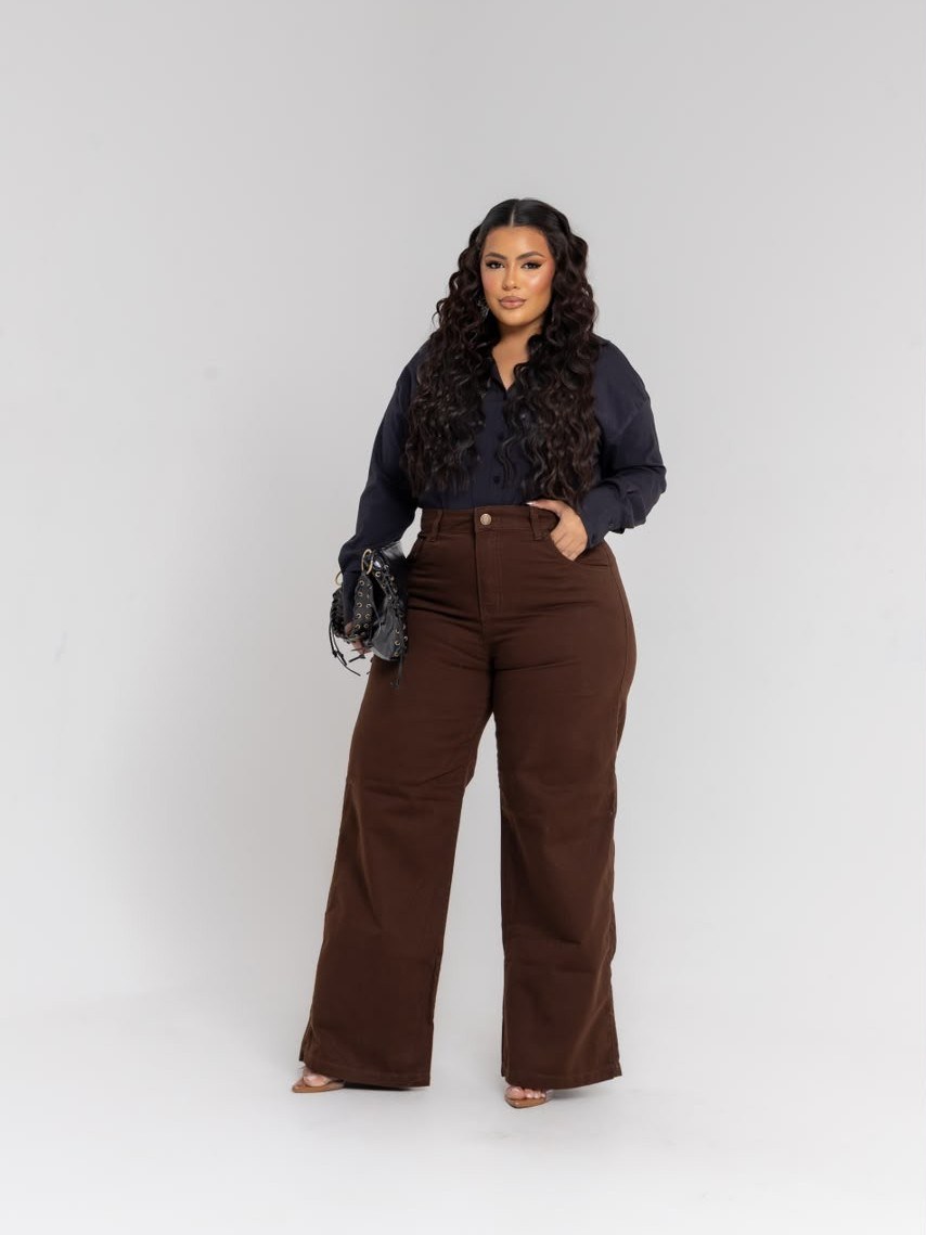 calça wide leg jeans feminina plus size