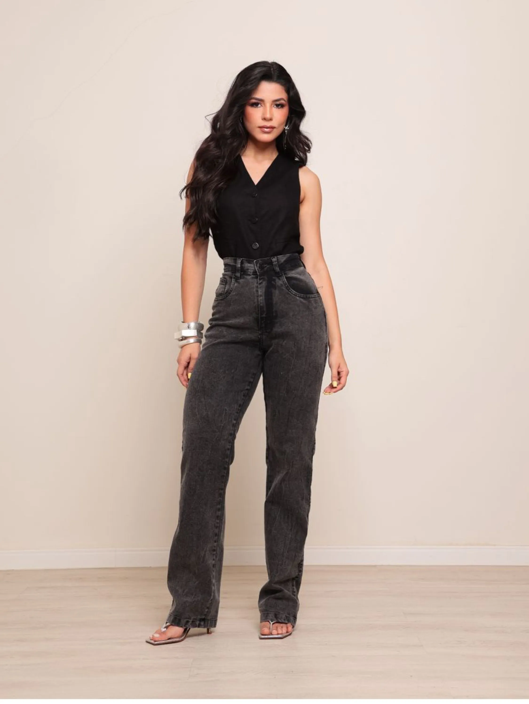 Calça wide leg jeans feminina com Lycra
