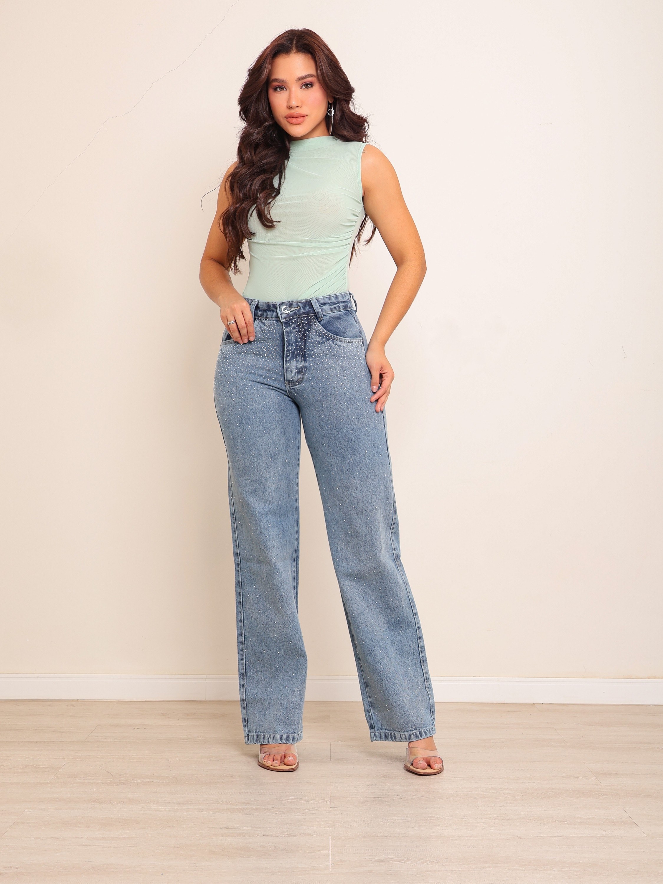 calça wide leg jeans feminina de strass