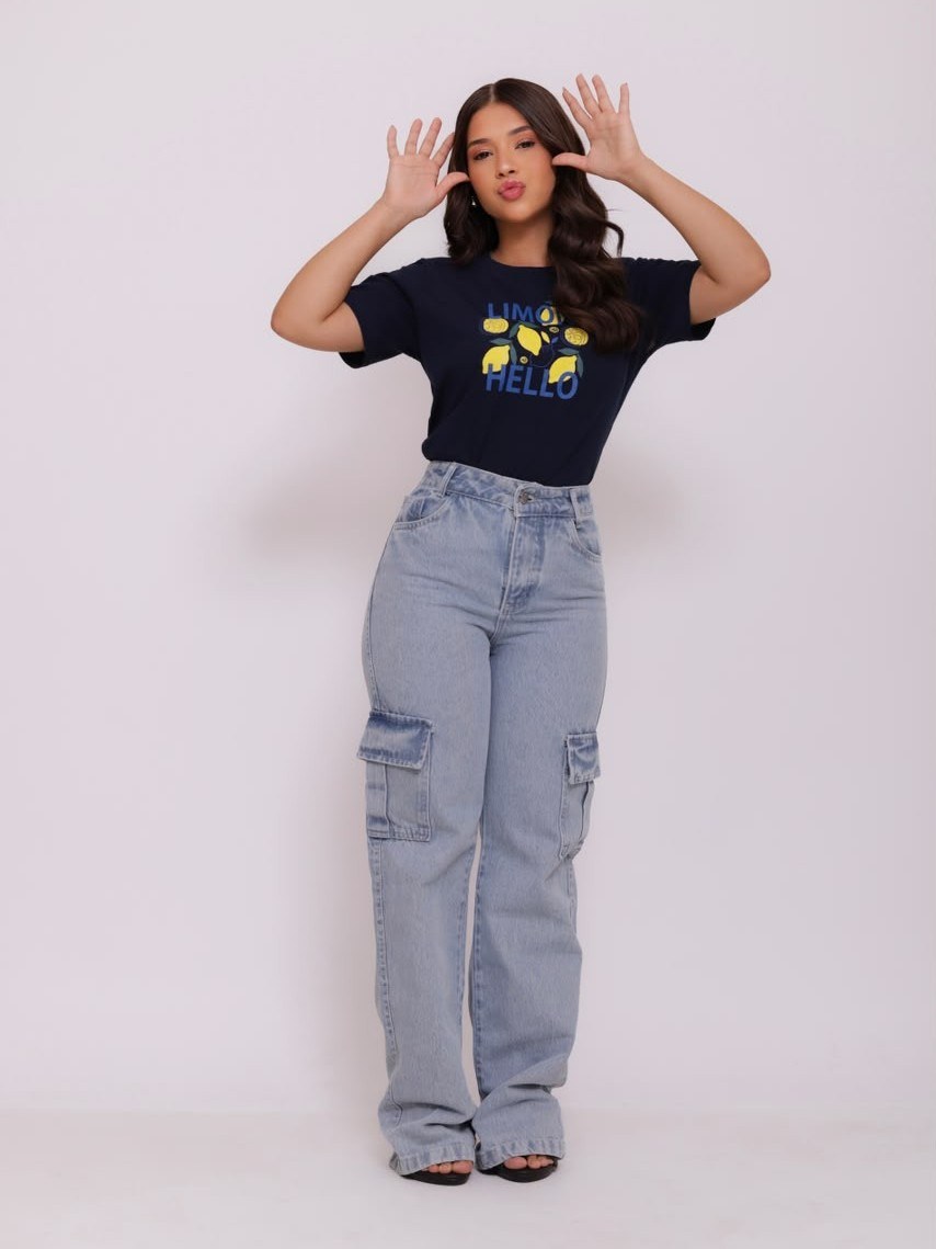 calça wide leg cargo jeans infantil