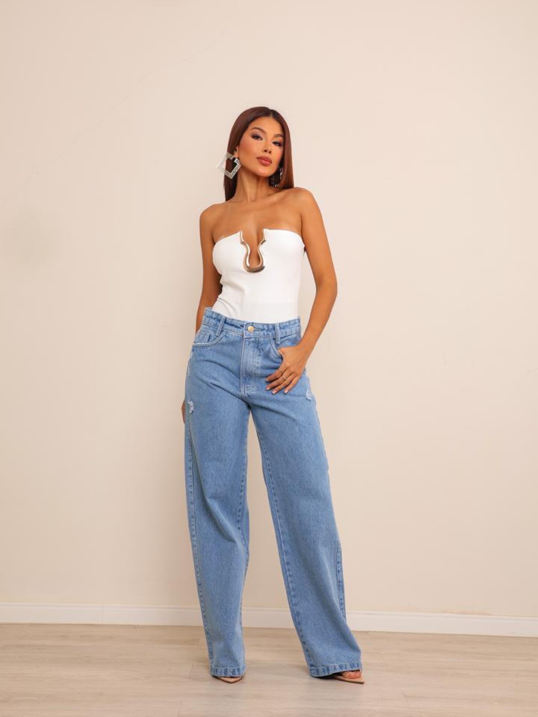 Calça wide leg jeans feminina
