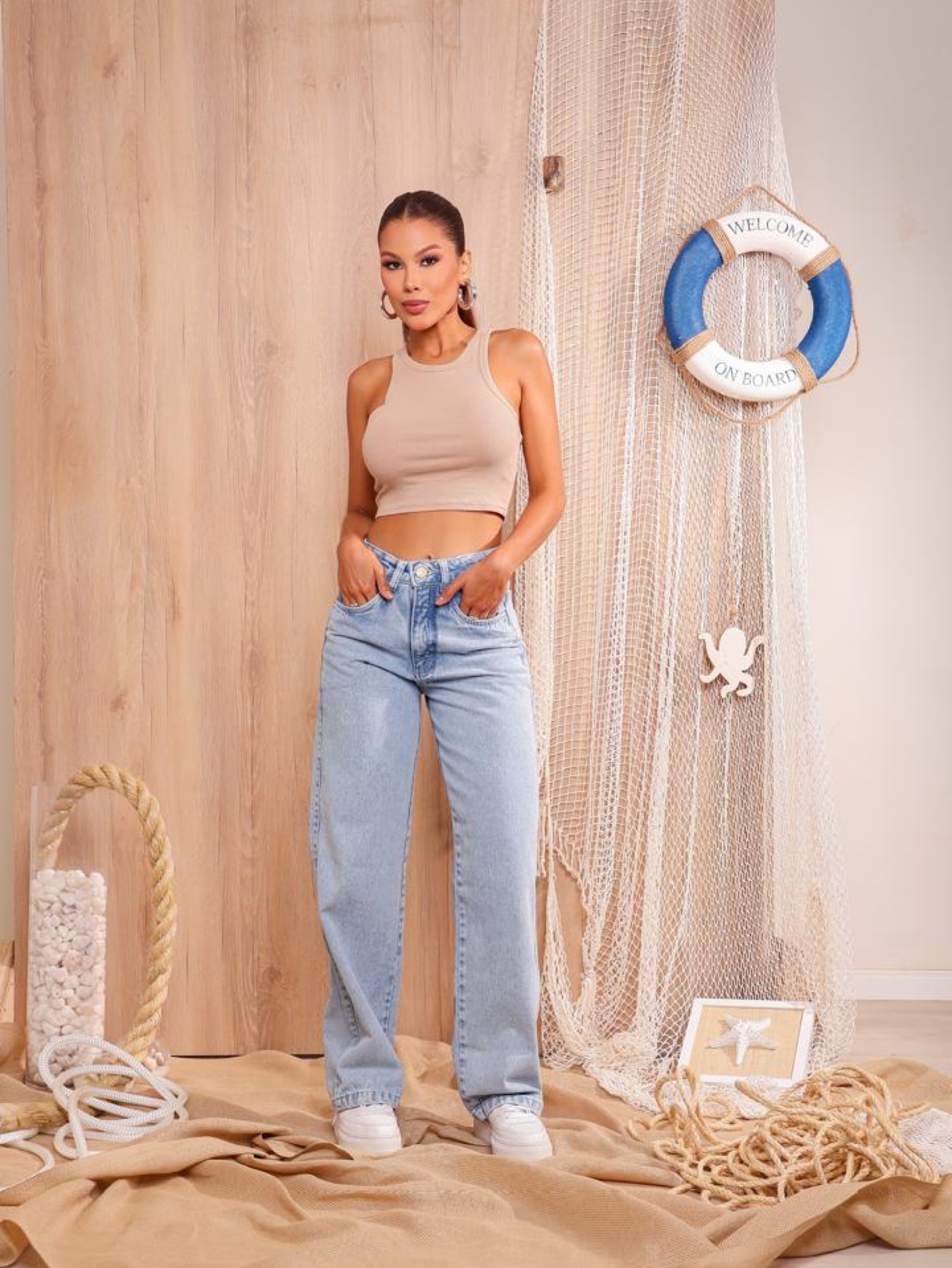 Calça wide leg jeans feminina