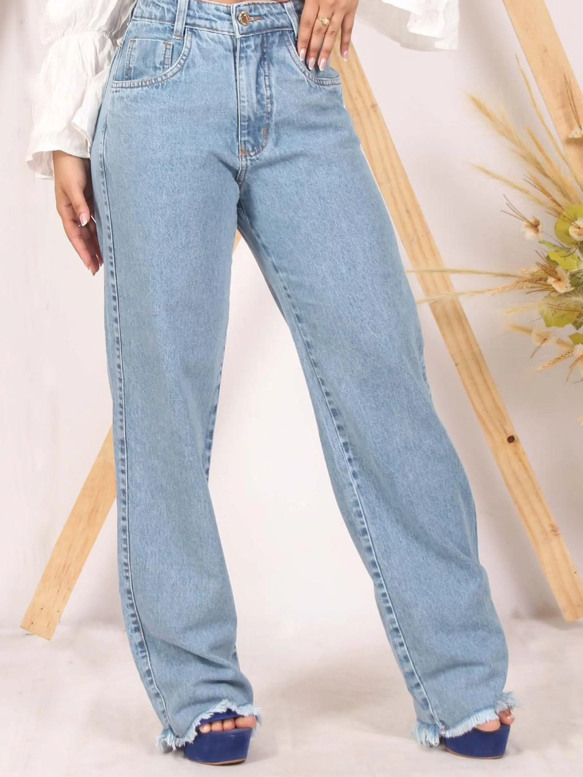 Calça wide leg jeans feminina