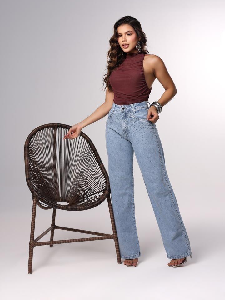 calça wide leg jeans feminina de strass