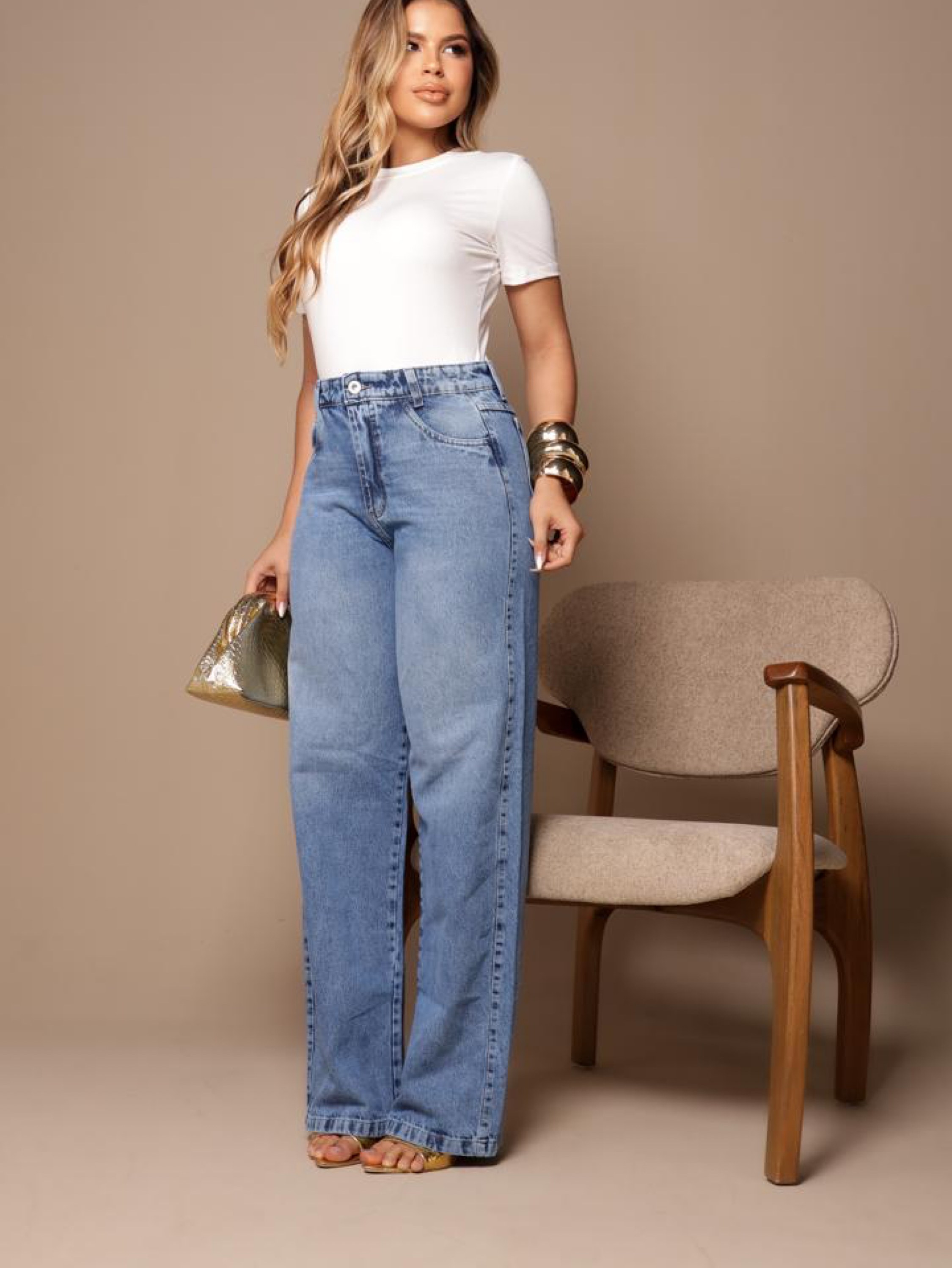 Calça wide leg jeans feminina