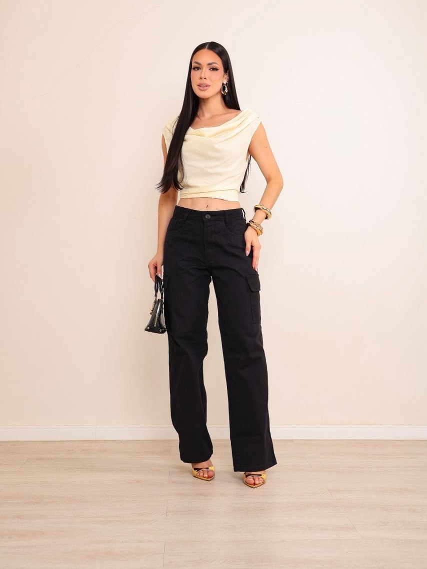 calça wide leg  cargo jeans feminina