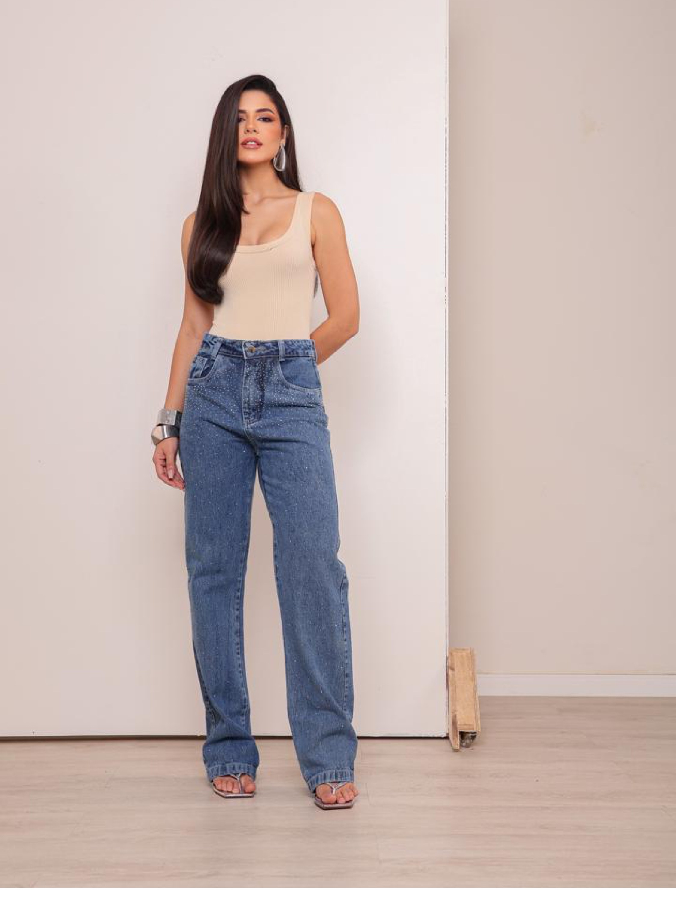 Calça wide leg jeans feminina de strass