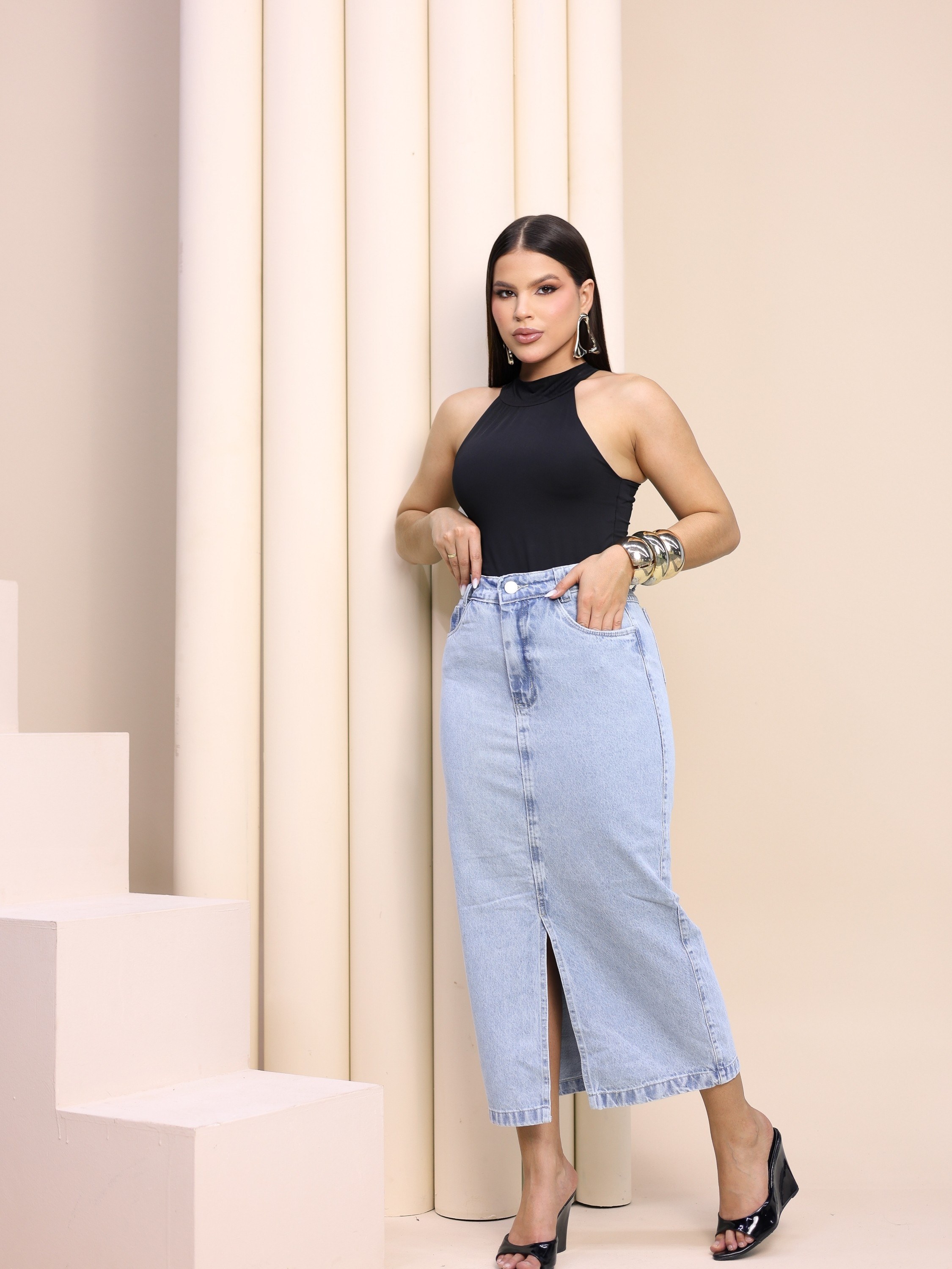 saia longa Jeans feminina