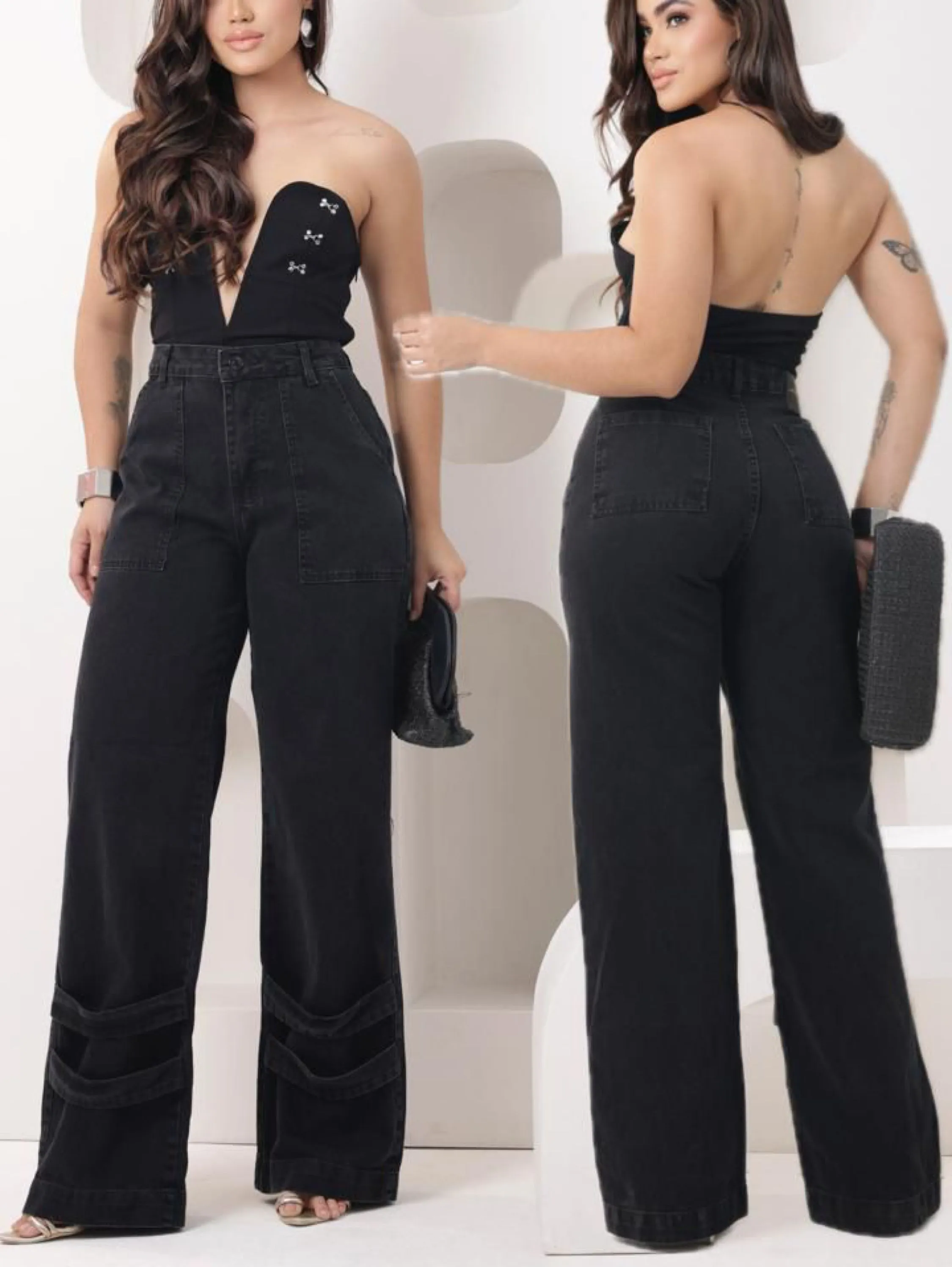 Calça wide leg jeans feminina