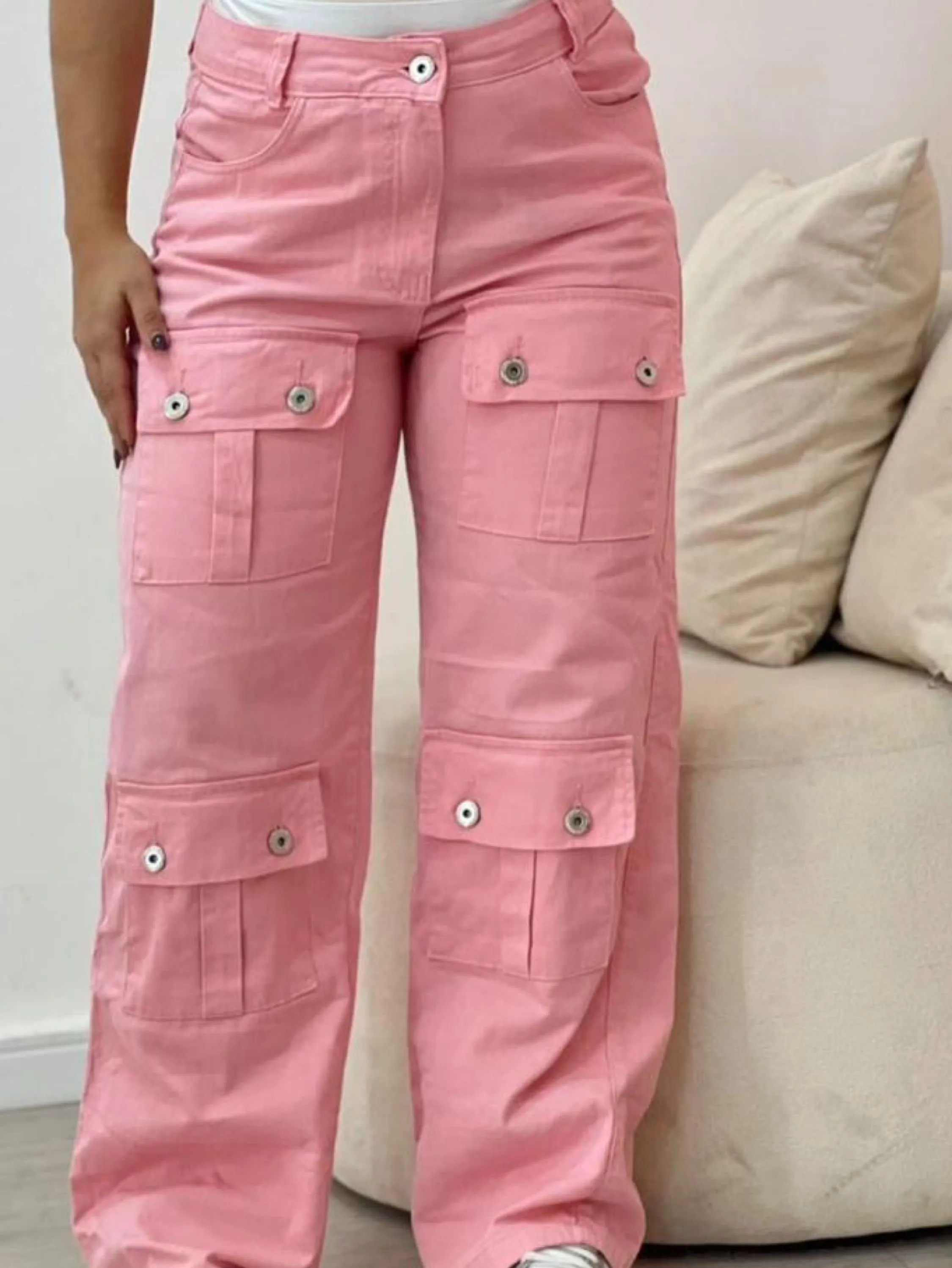Calça wide leg cargo jeans feminina