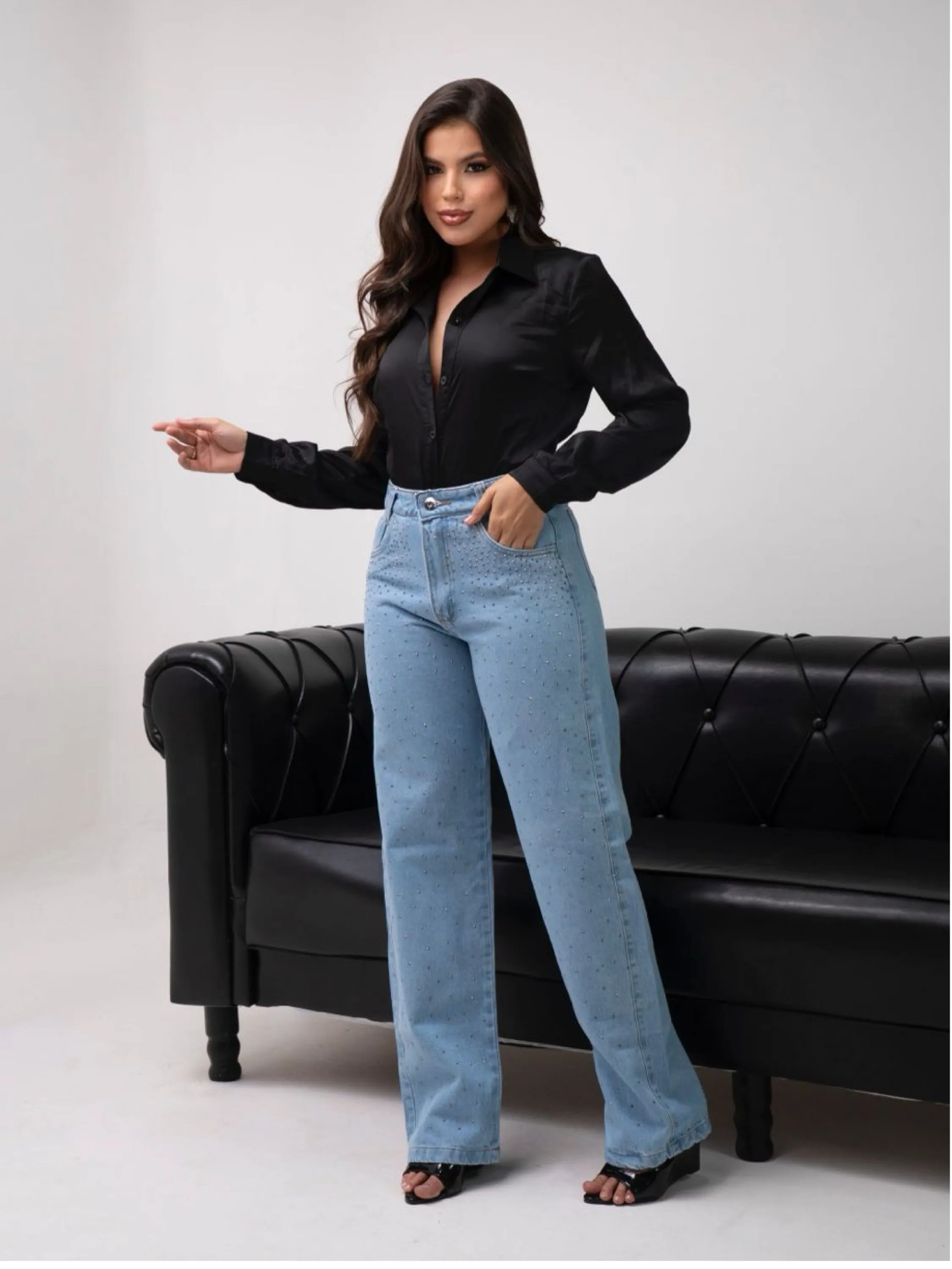 Calça wide leg jeans feminina de strass