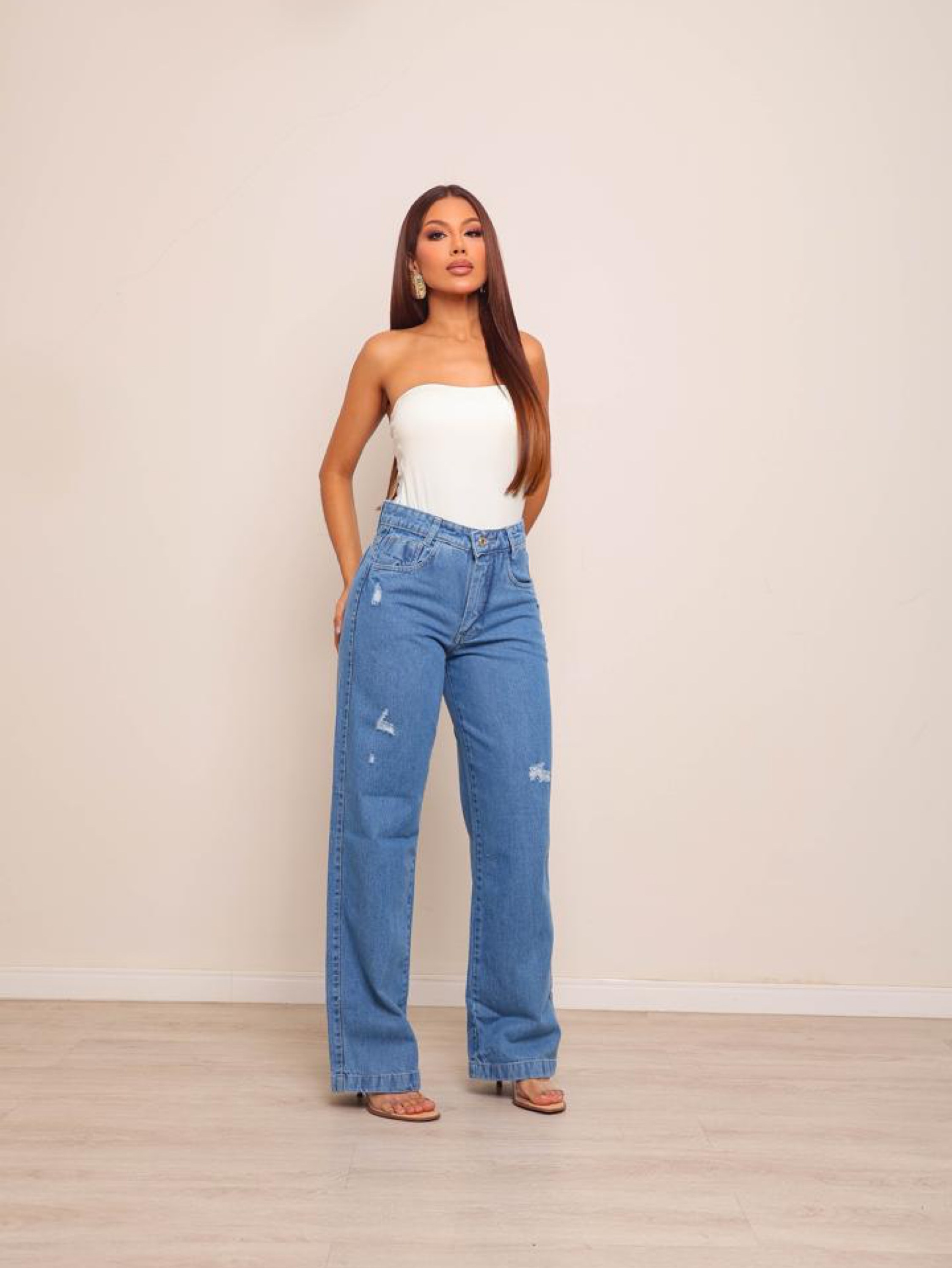 Calça wide leg jeans feminina