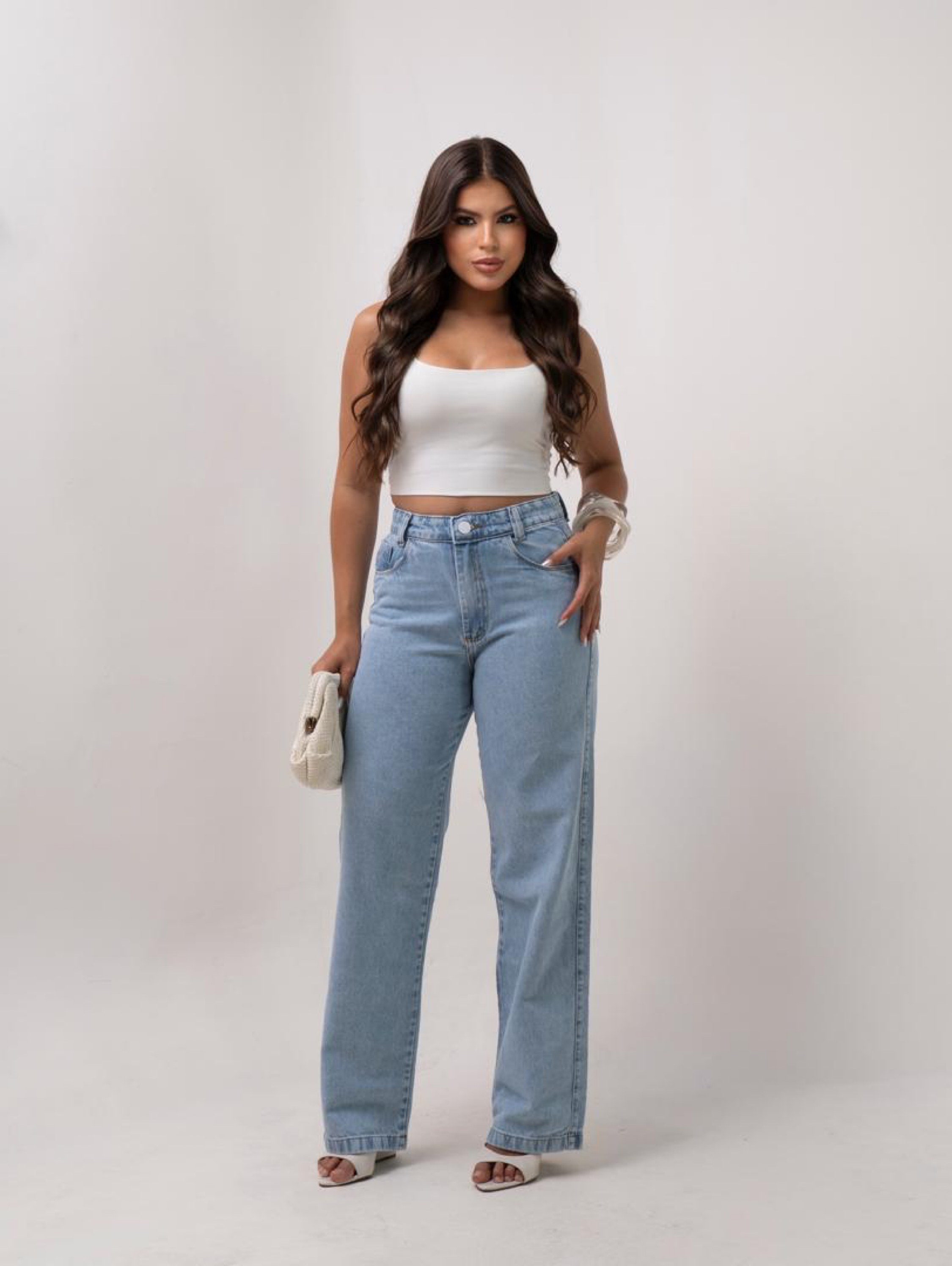 Calça wide leg jeans feminina