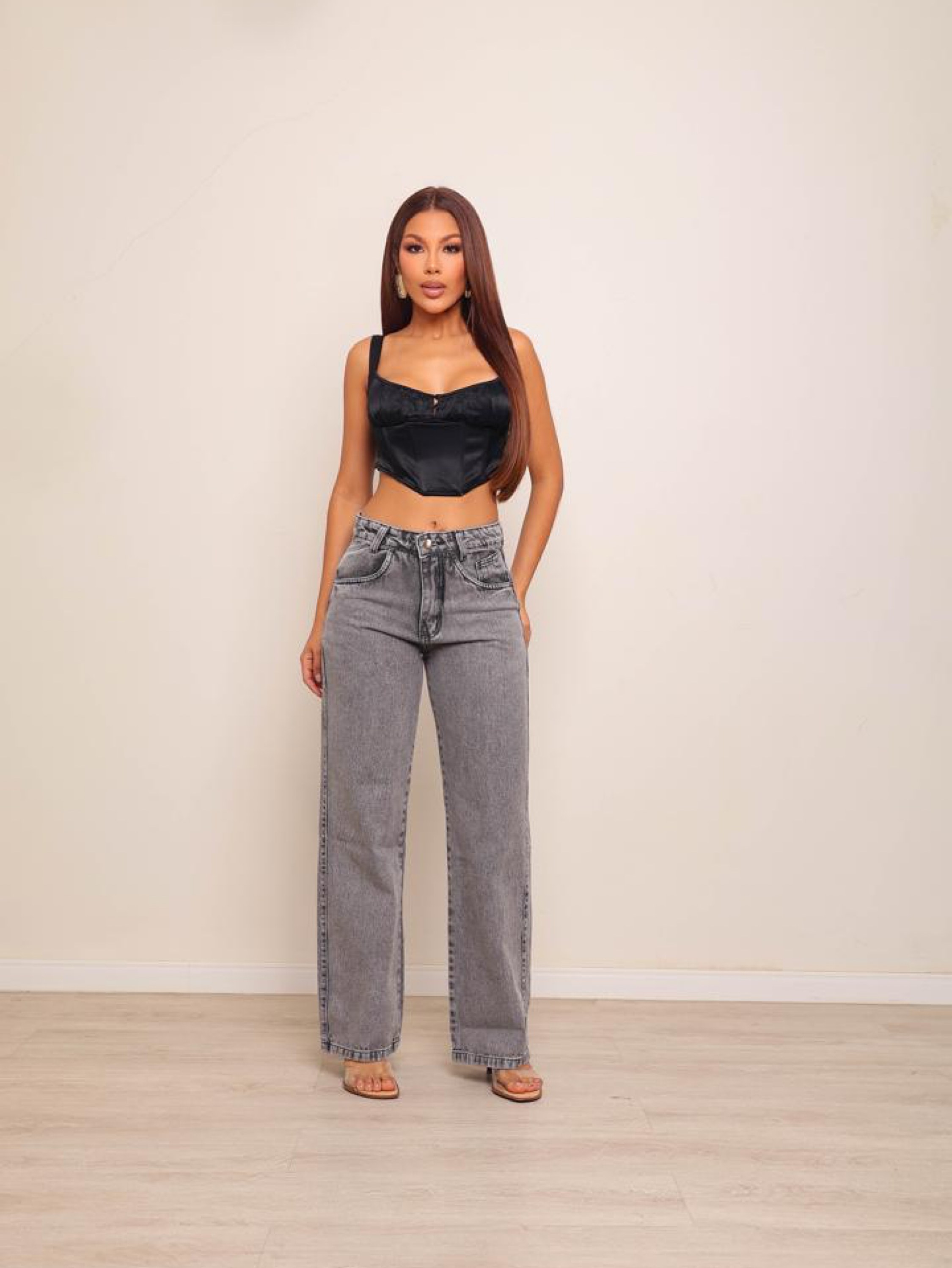 Calça wide leg jeans feminina