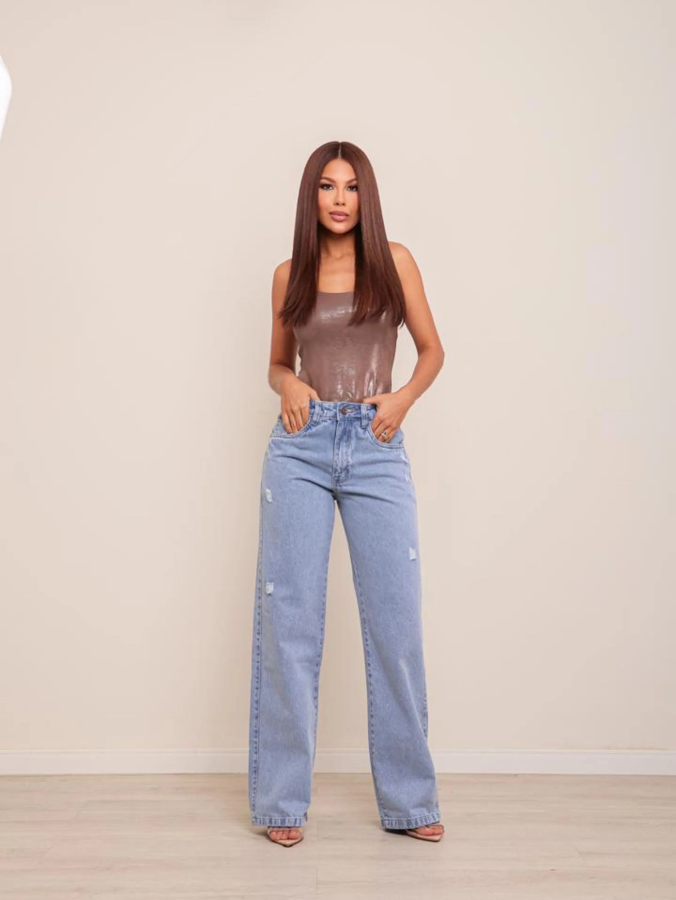 Calça wide leg jeans feminina