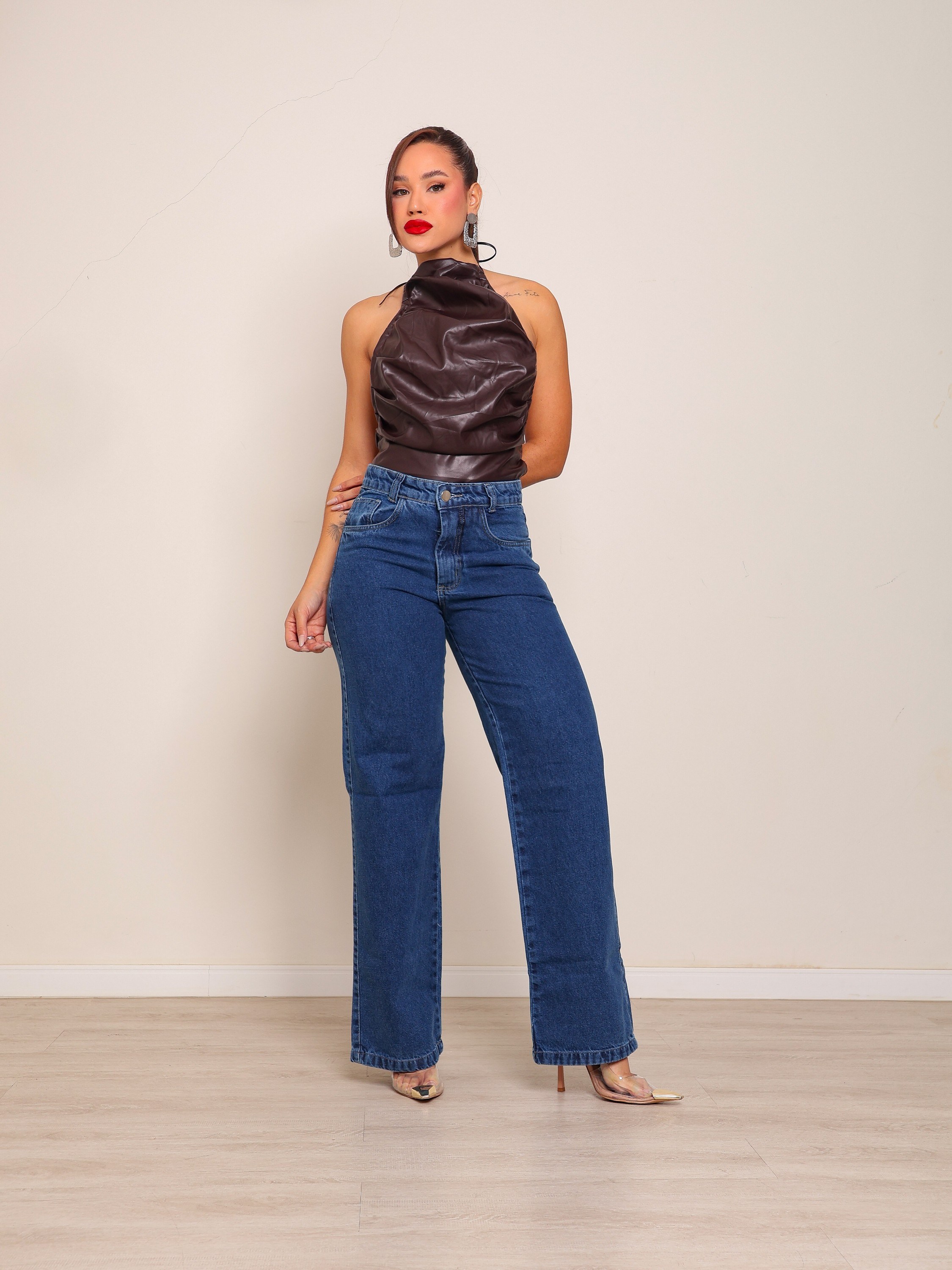 calça wide leg jeans feminina