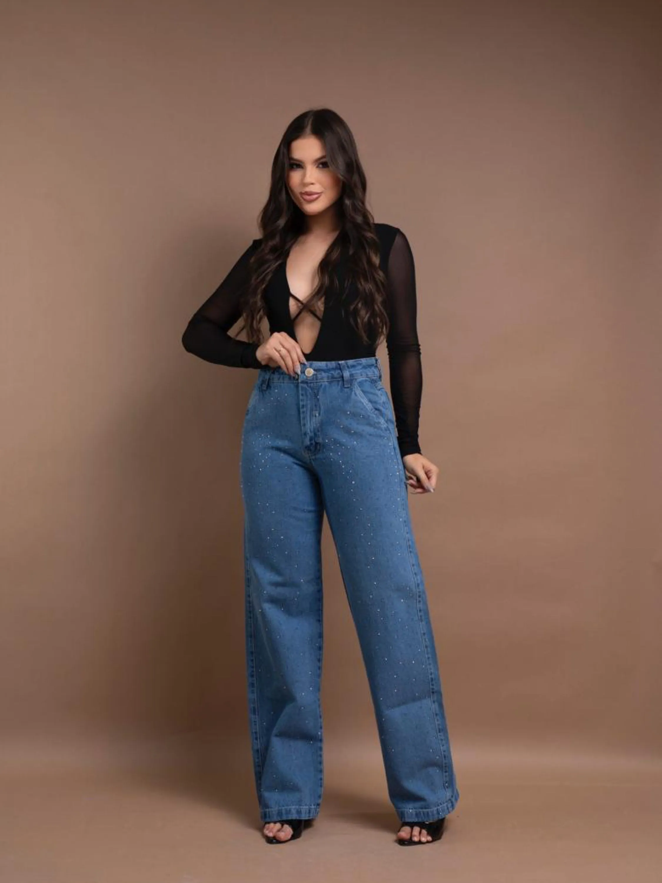 Calça wide leg jeans feminina de strass