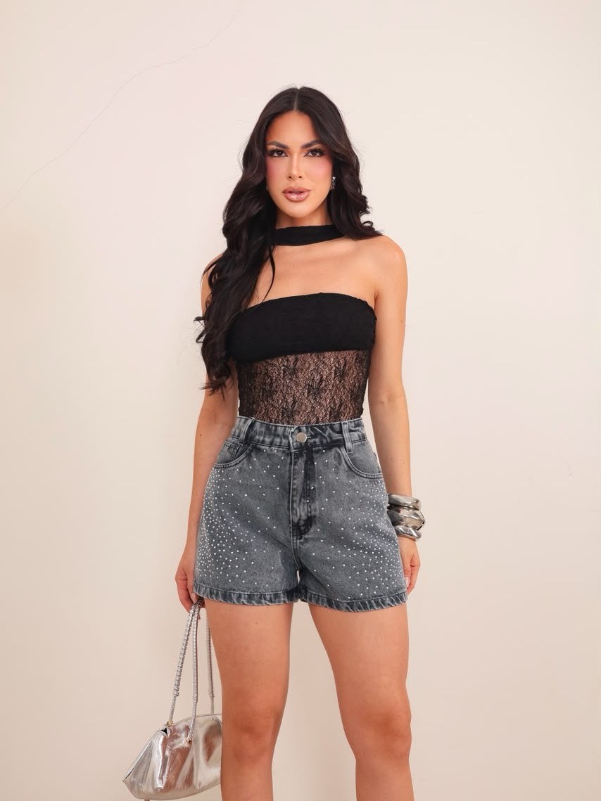 short Jeans feminino de strass