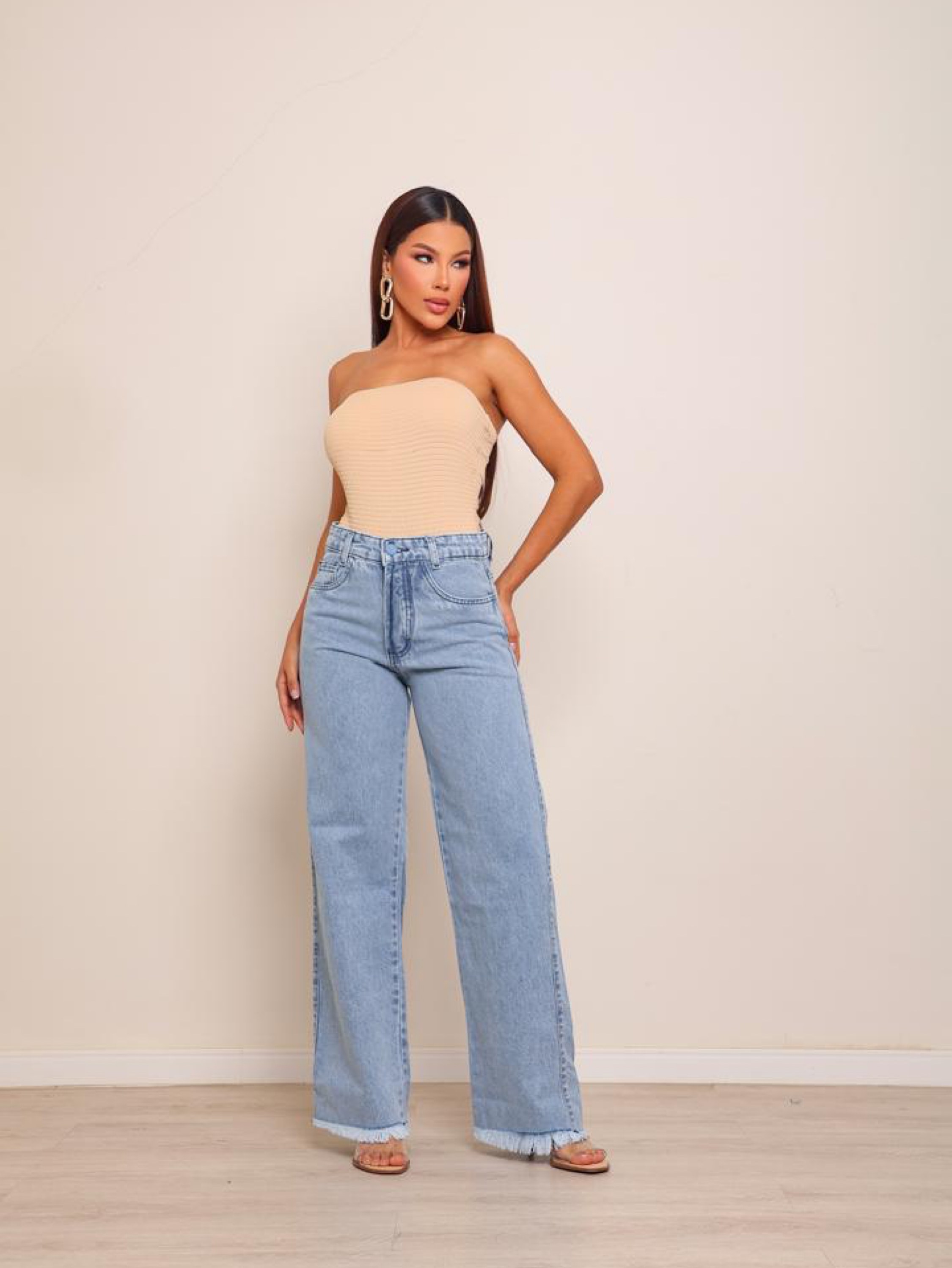 Calça wide leg jeans feminina